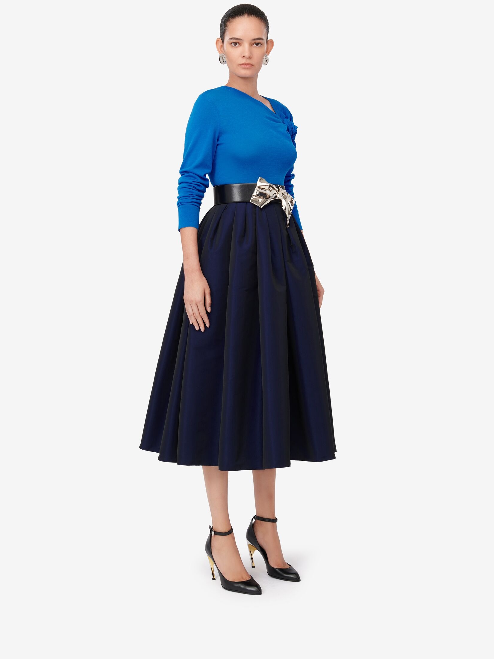 Women's Asymmetric Knot Jumper in Lapis Blue - 3