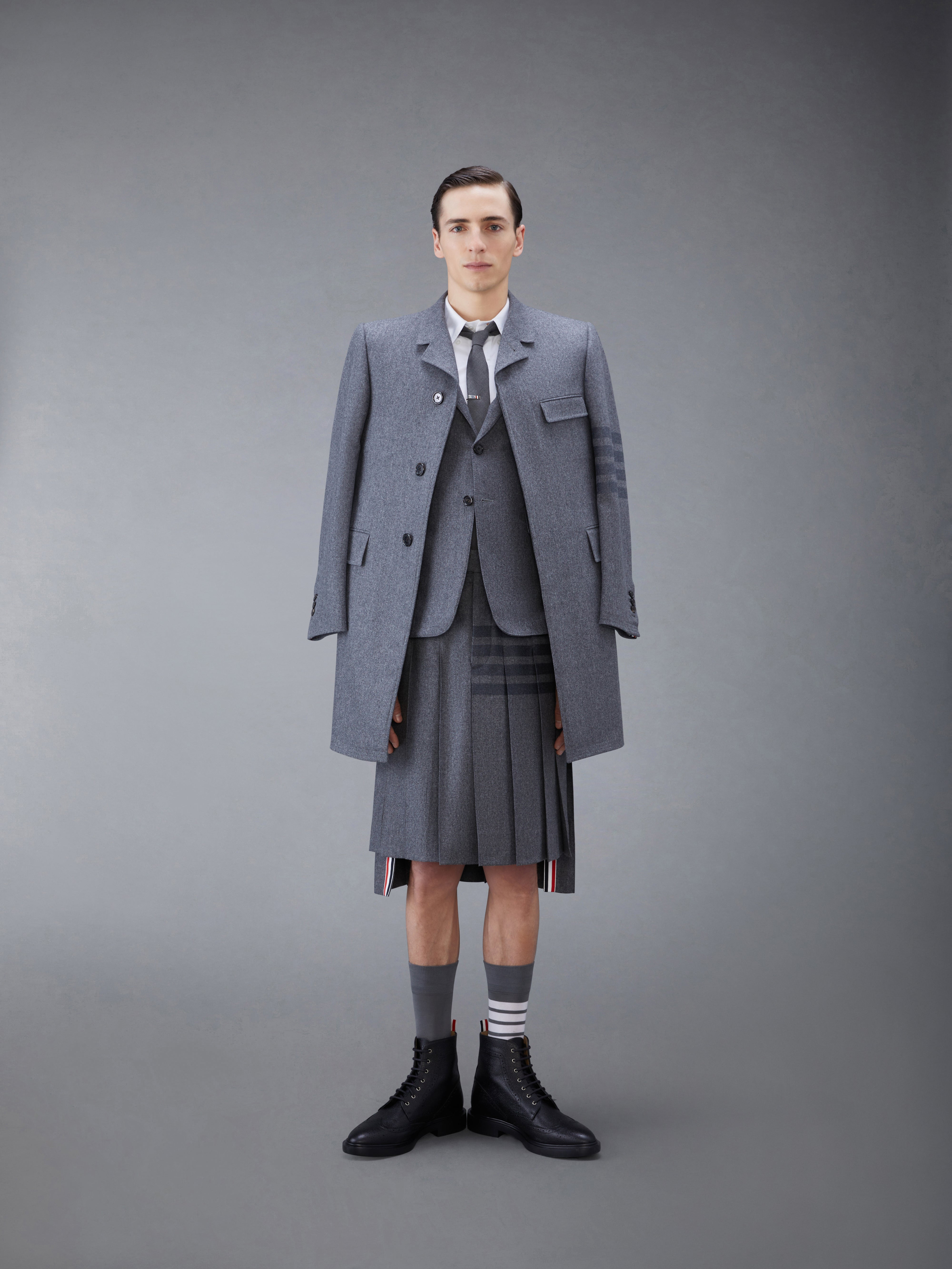 Medium Grey Wool Cashmere Flannel Knee Length Pleated 4-Bar Skirt - 4
