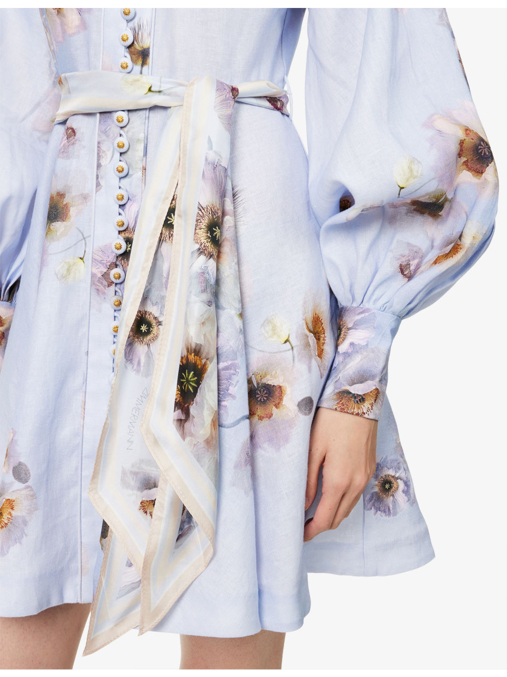 Printed Silk-Belt Buttoned Linen Mini Dress - 5