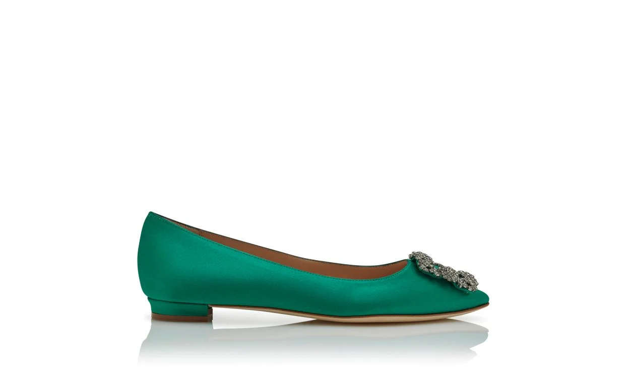 Green Satin Jewel Buckle Flat Shoes - 1