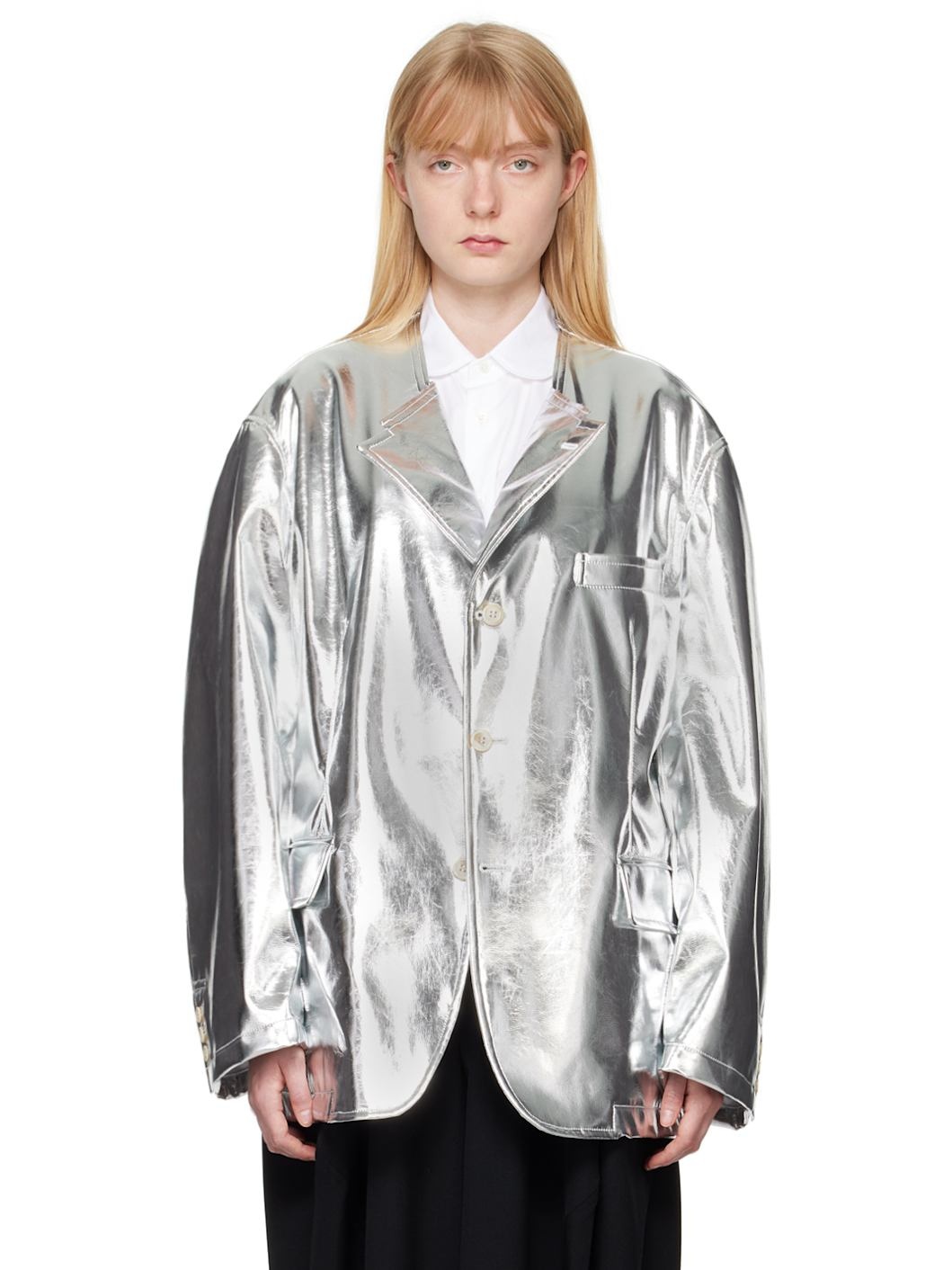 Silver Pocket Faux-Leather Blazer - 1