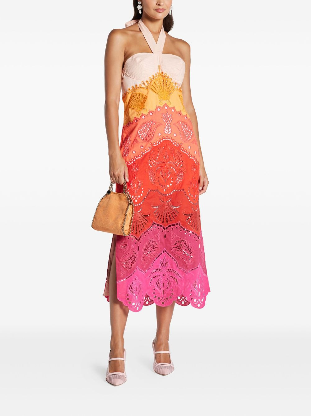 embroidery-eyelet halter-neck midi dress - 2
