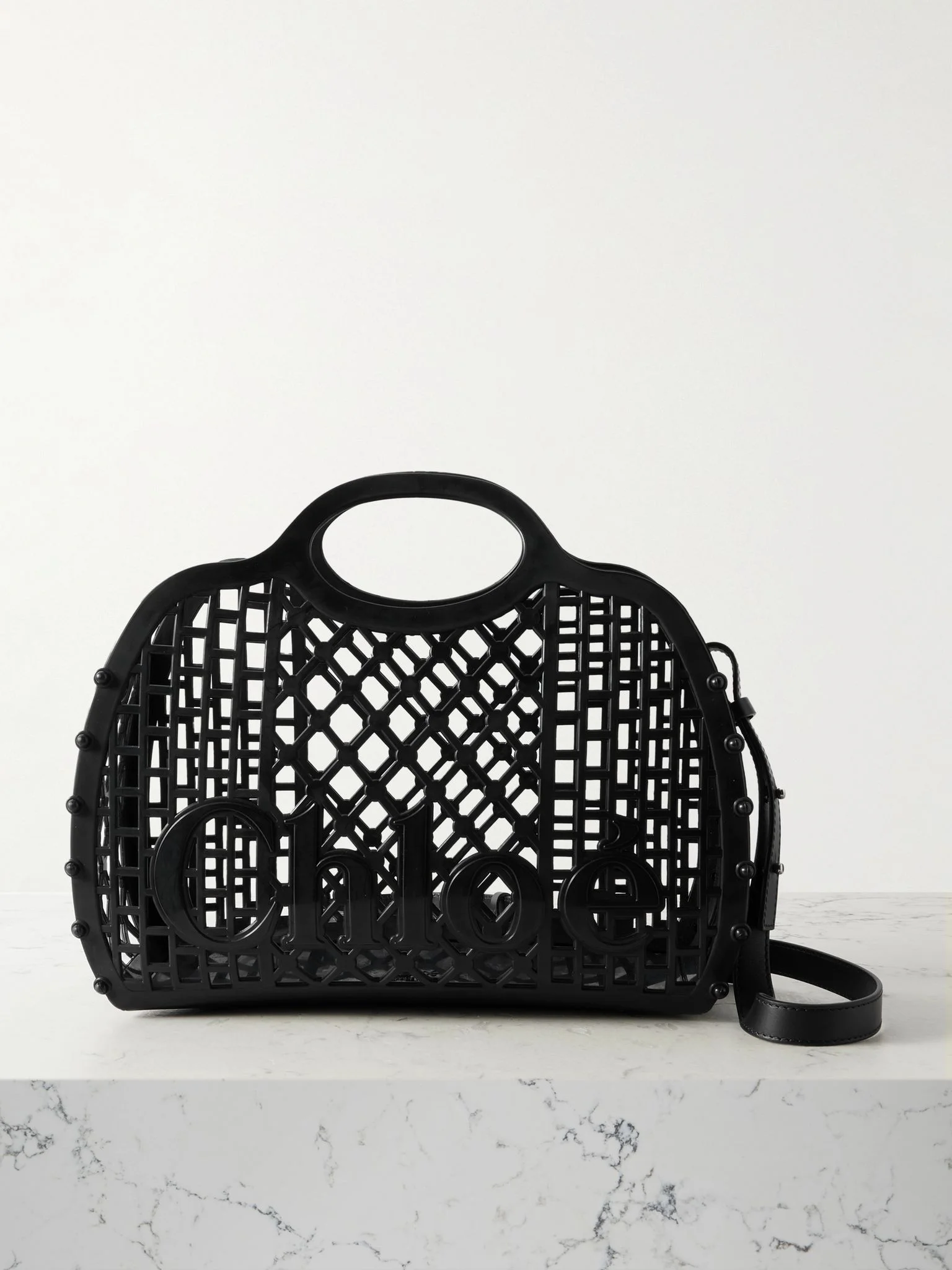 Cage leather-trimmed studded rubber shoulder bag Black - 1