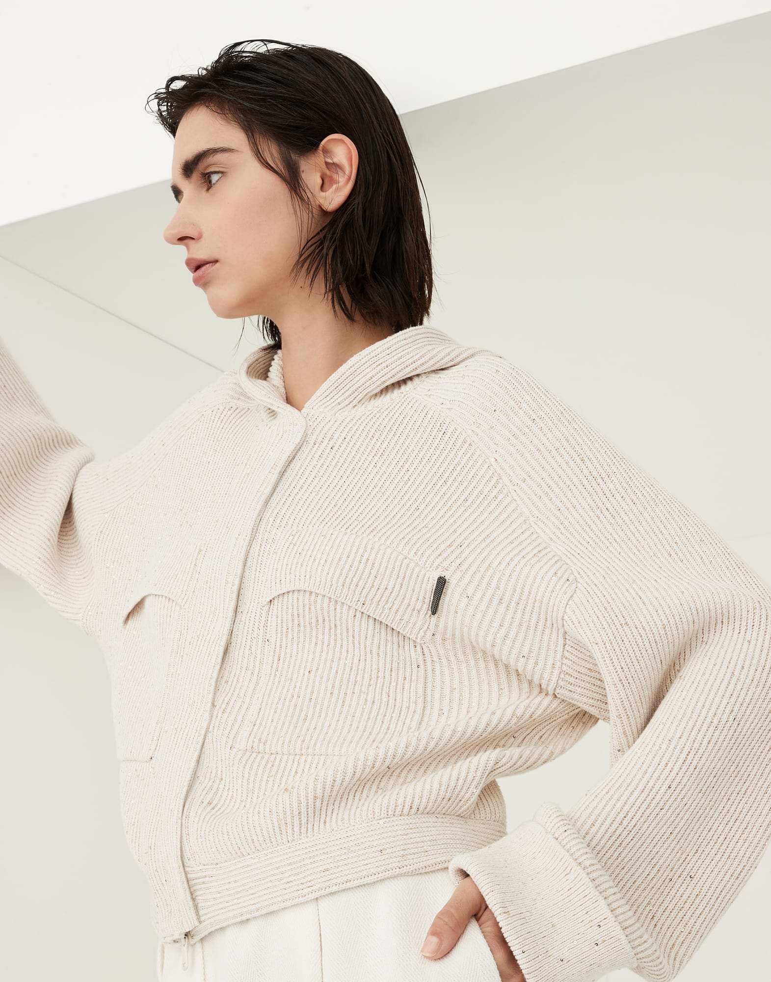Cotton diamond yarn English rib hooded cardigan with shiny tab - 3