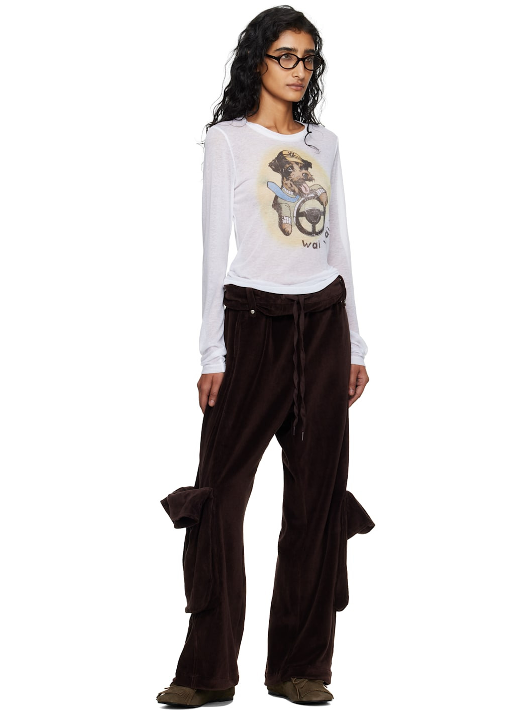 Brown Rolled Waist Velour Cargo Pants - 4