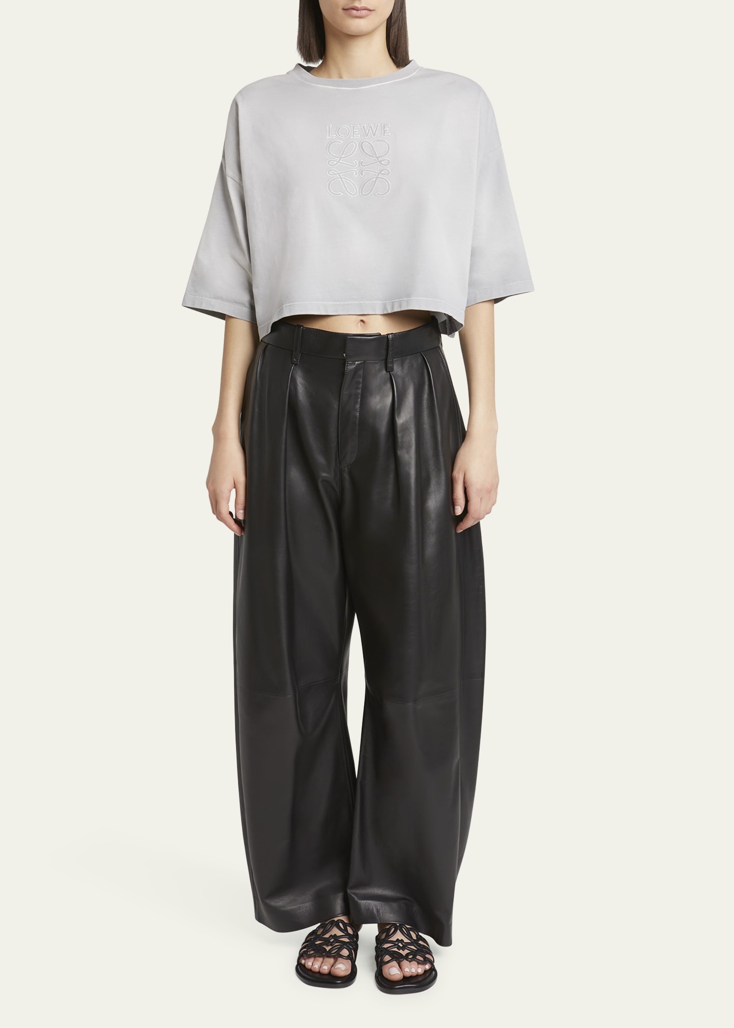 Barrel Shaped Pleated Leather Trousers - 2