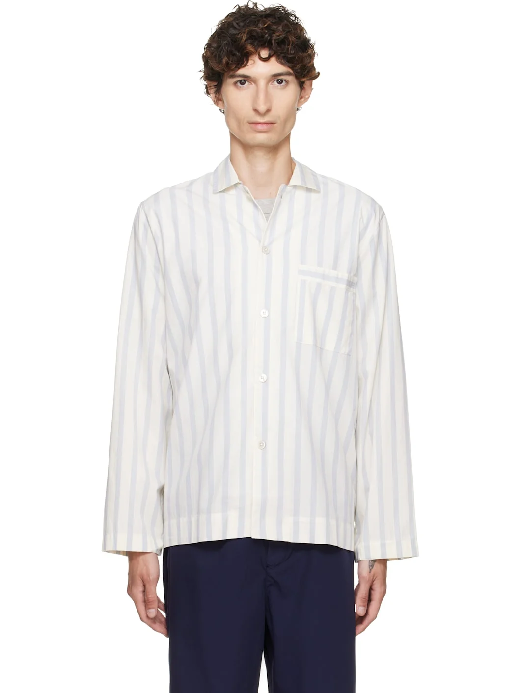 Off-White & Blue Poplin Long-Sleeved Pyjama Shirt - 1