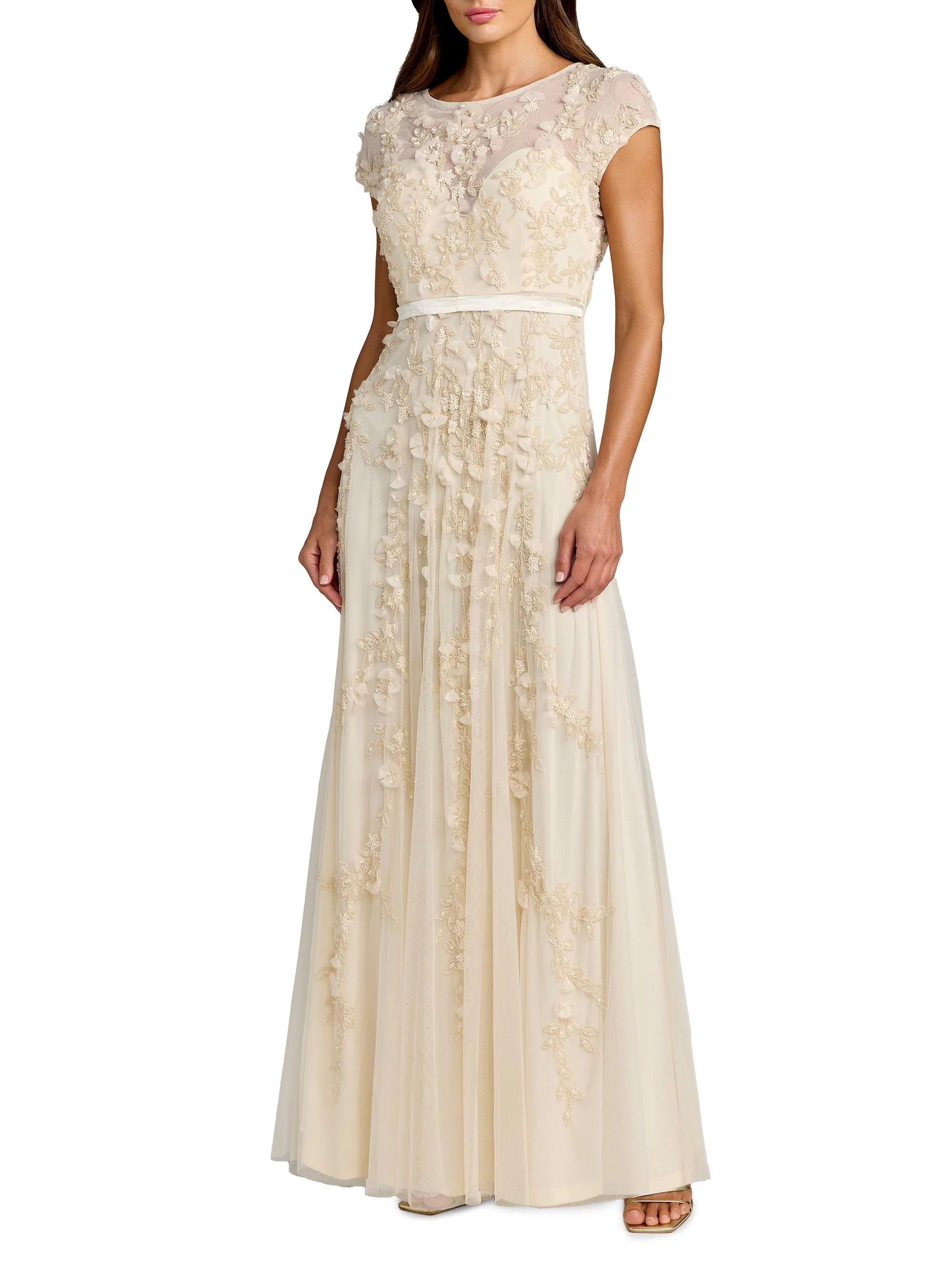Women's Evening Floral-Embroidered Mesh Gown - Butter - 1
