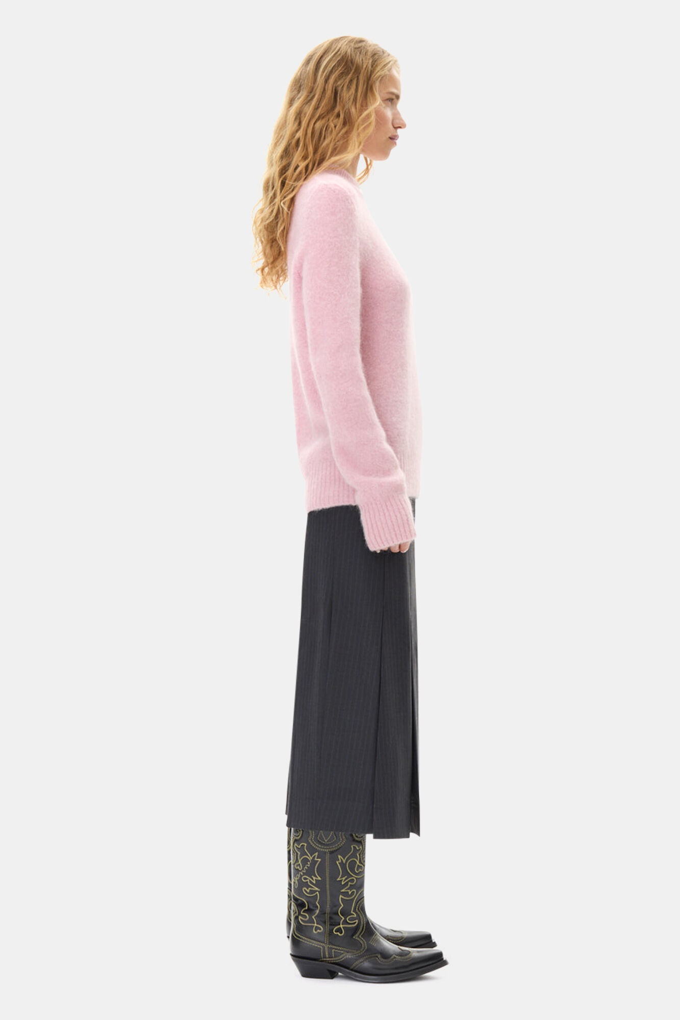 PINK BRUSHED ALPACA O-NECK SWEATER - 4