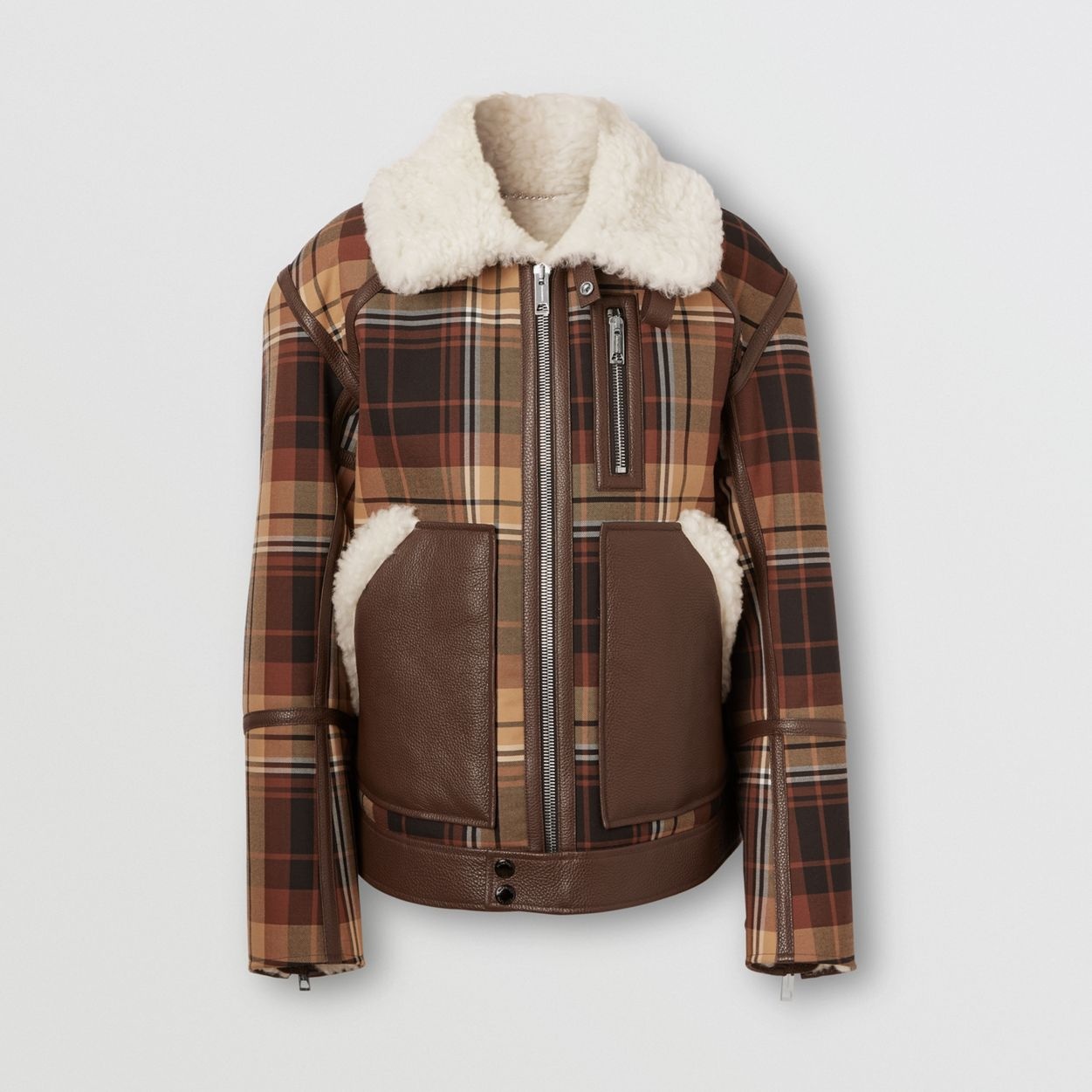 Leather Trim Check Wool and Shearling Flight Jacket - 1