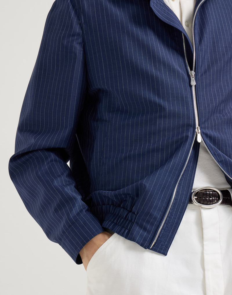 Wool and mohair pinstripe fresco outerwear jacket with stand collar 4