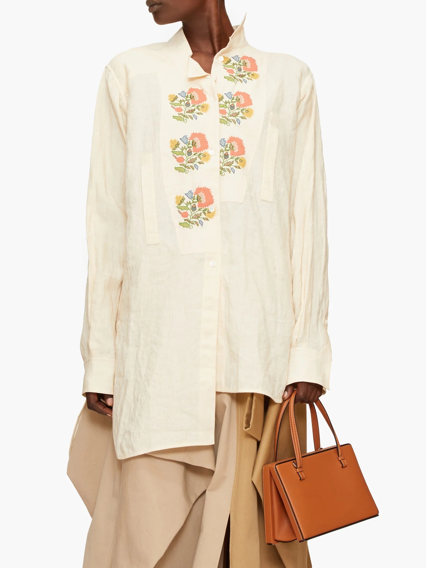 Asymmetric floral cross-stitch linen shirt - 6