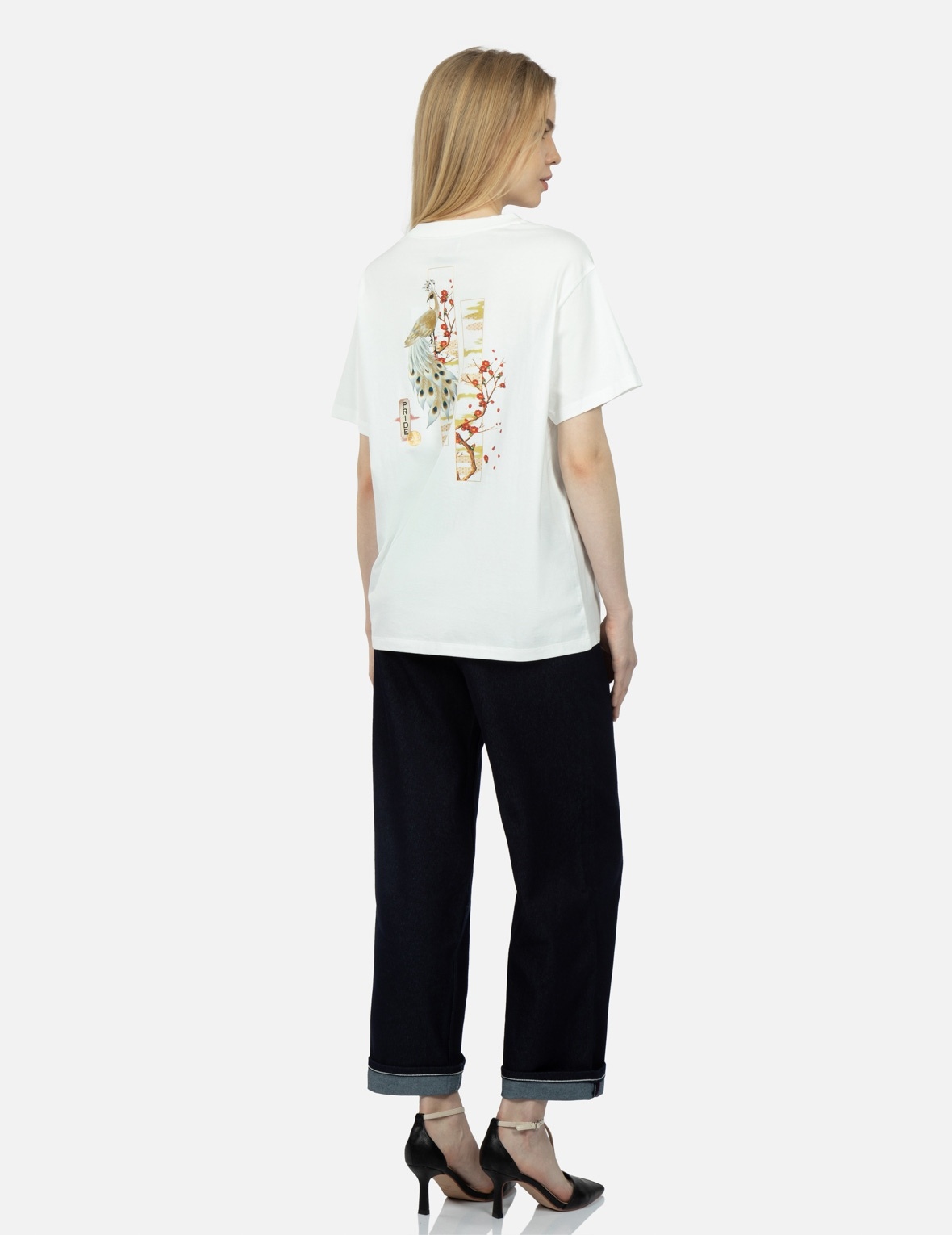 PEACOCK AND TSUBAKI PRINT BOYFRIEND T-SHIRT - 3