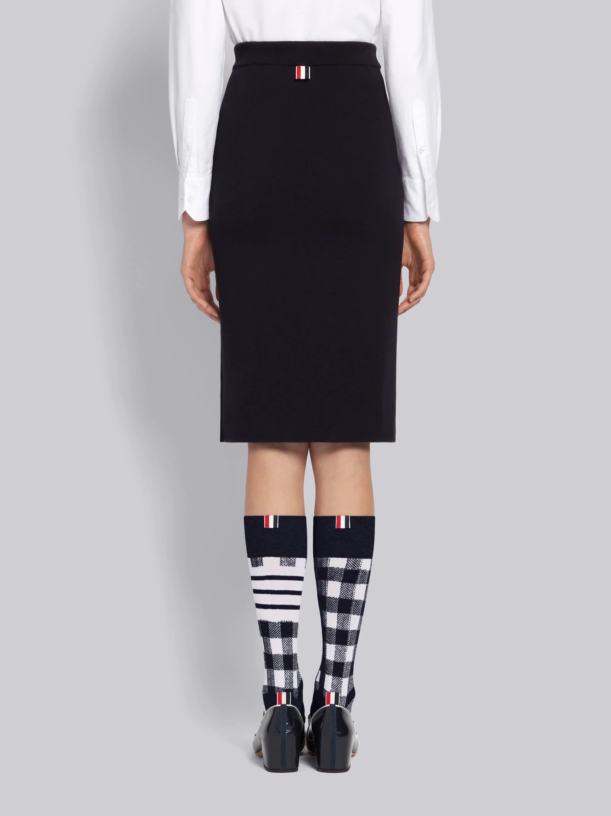 Navy Double Face Cotton Multi-Color Bow Pocket Pencil Skirt - 3