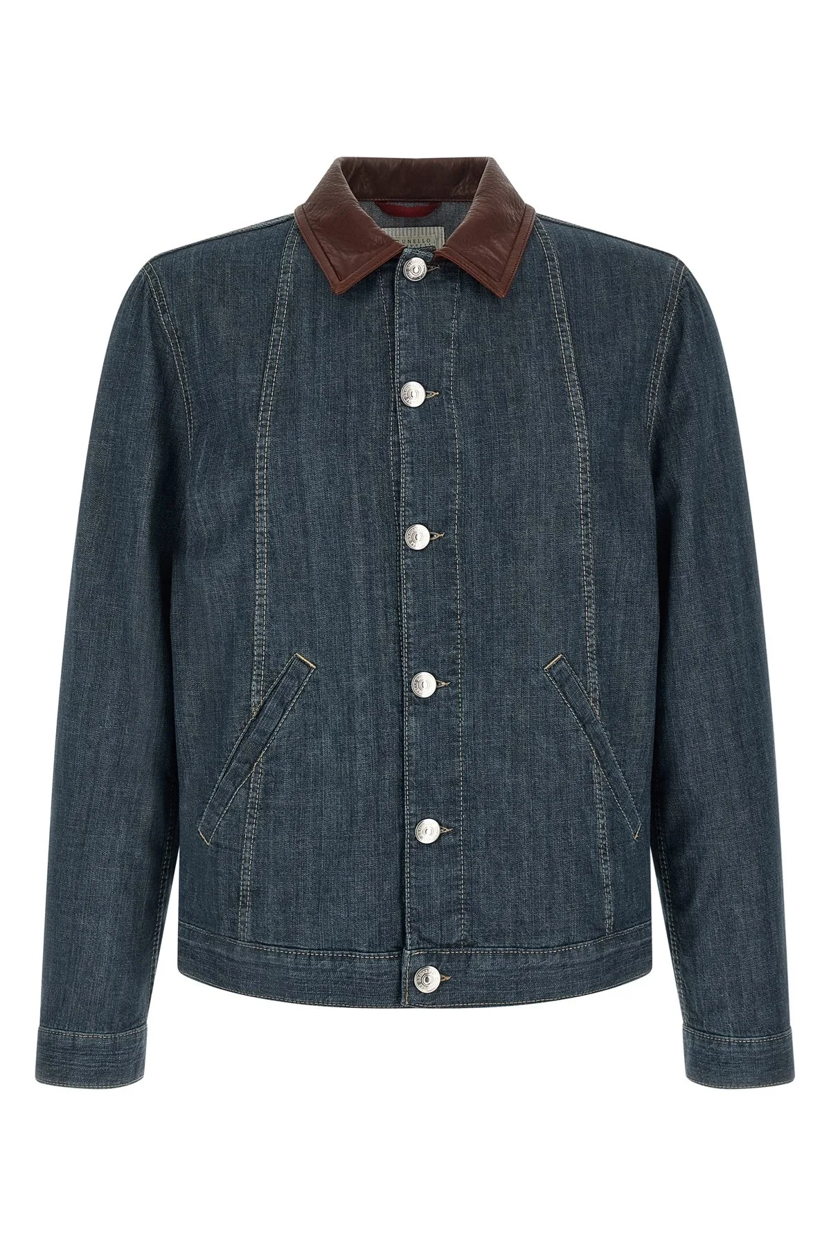 Leather collar denim jacket - 1