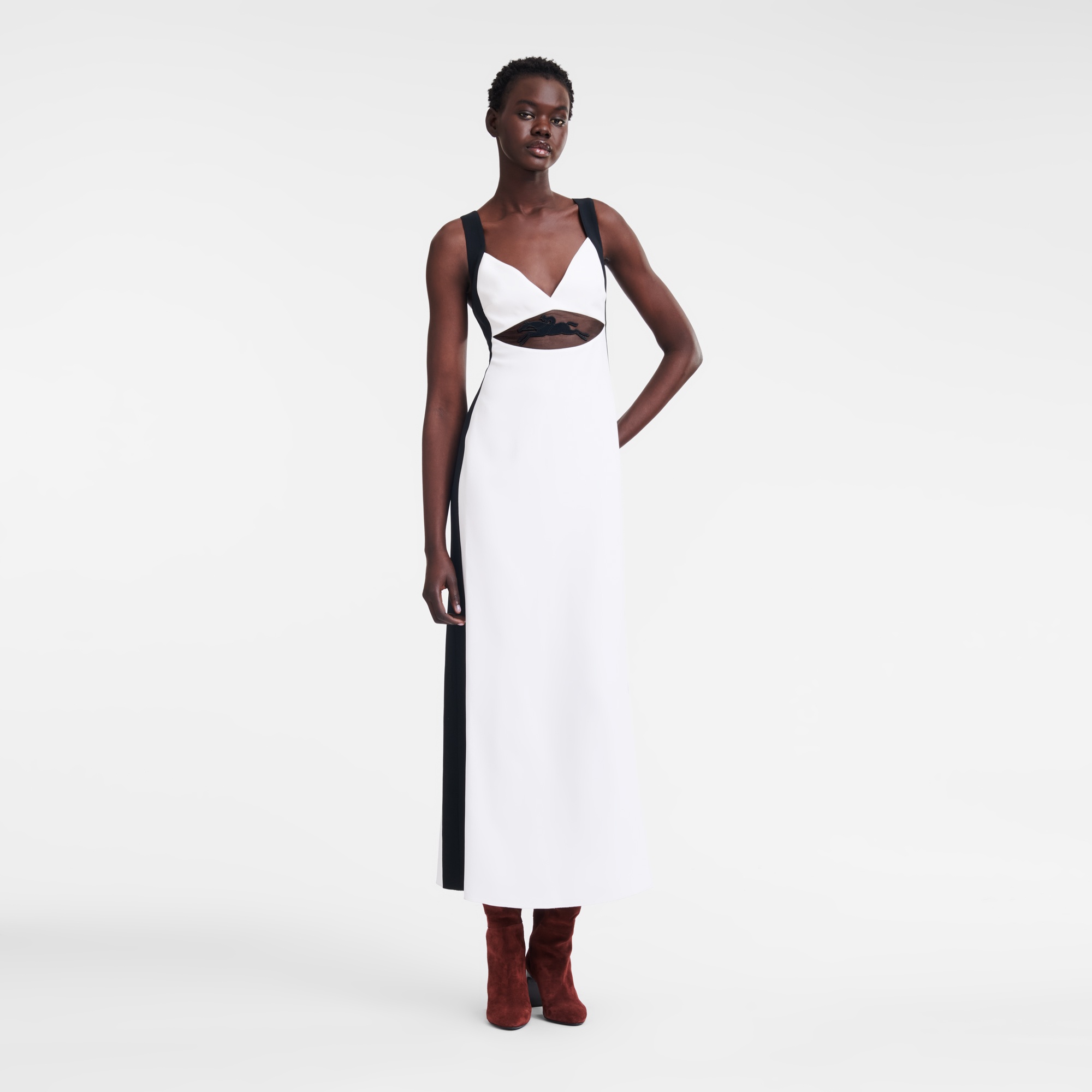 Long dress with belt patch White/Black - Crepe - 2
