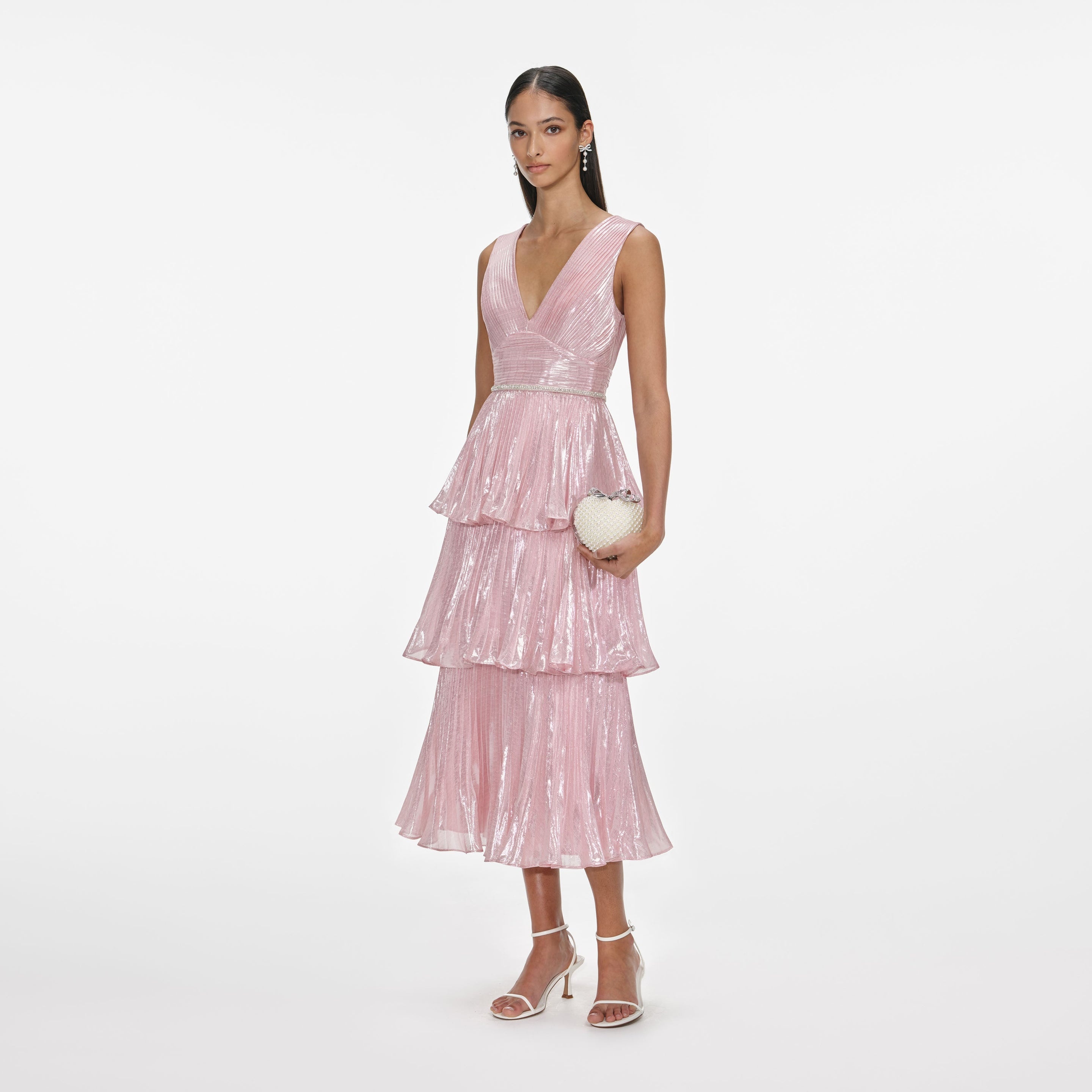 Pink Metallic Tiered Midi Dress - 2