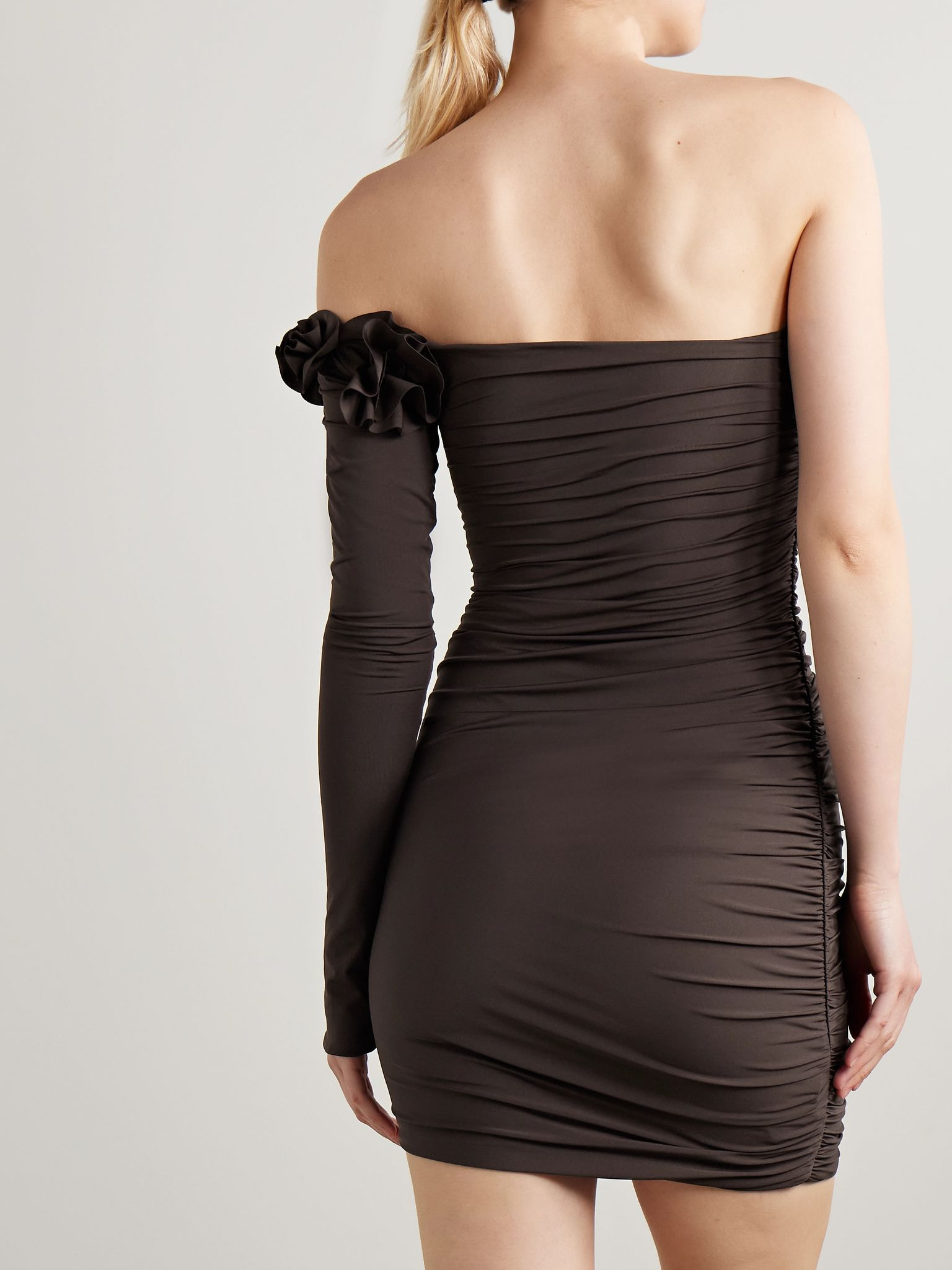 Selvaggio one-sleeve appliquéd ruched stretch-jersey mini dress Chocolate - 3