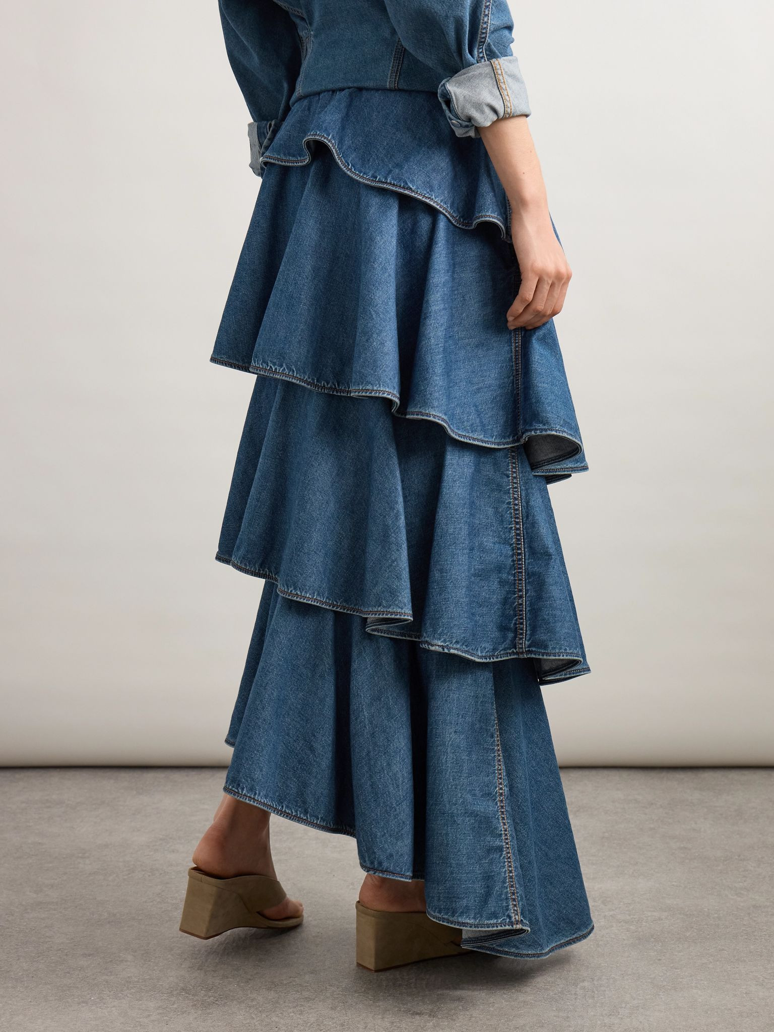 Asymmetric ruffled tiered denim skirt Dark denim - 3