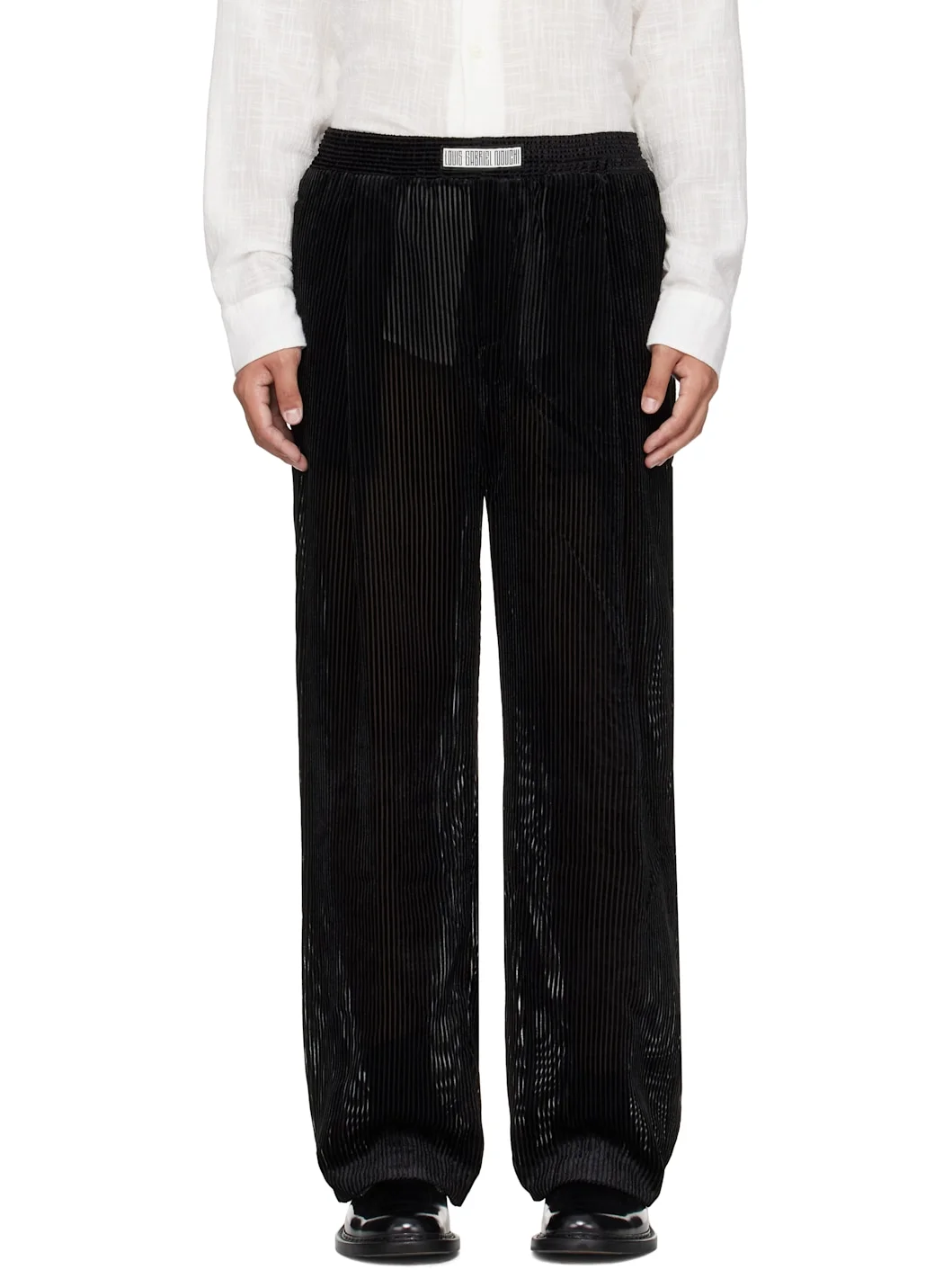 Black Devored Stripes Large Pleats Trousers - 1