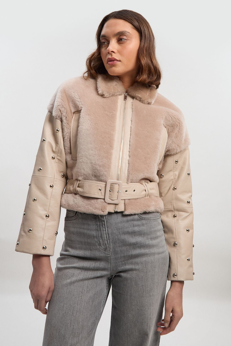 Shearling & Leather Mix Studded Biker Jacket 1