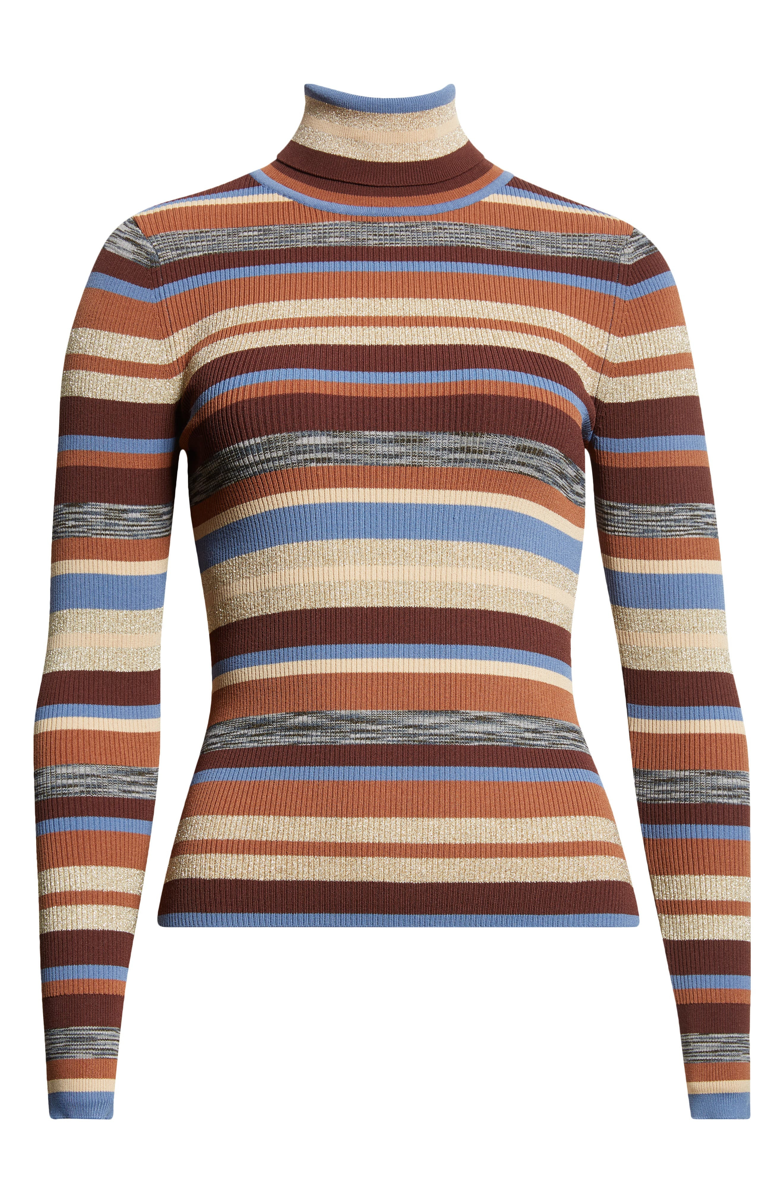 L'AGENCE Olene Stripe Turtleneck Sweater in Stone Blue/Brown Multi at Nordstrom - 5