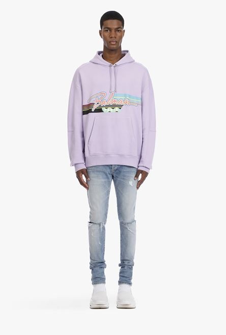 EXCLUSIVE - Lavender cotton hooded sweatshirt with multicolor Balmain logo - 4