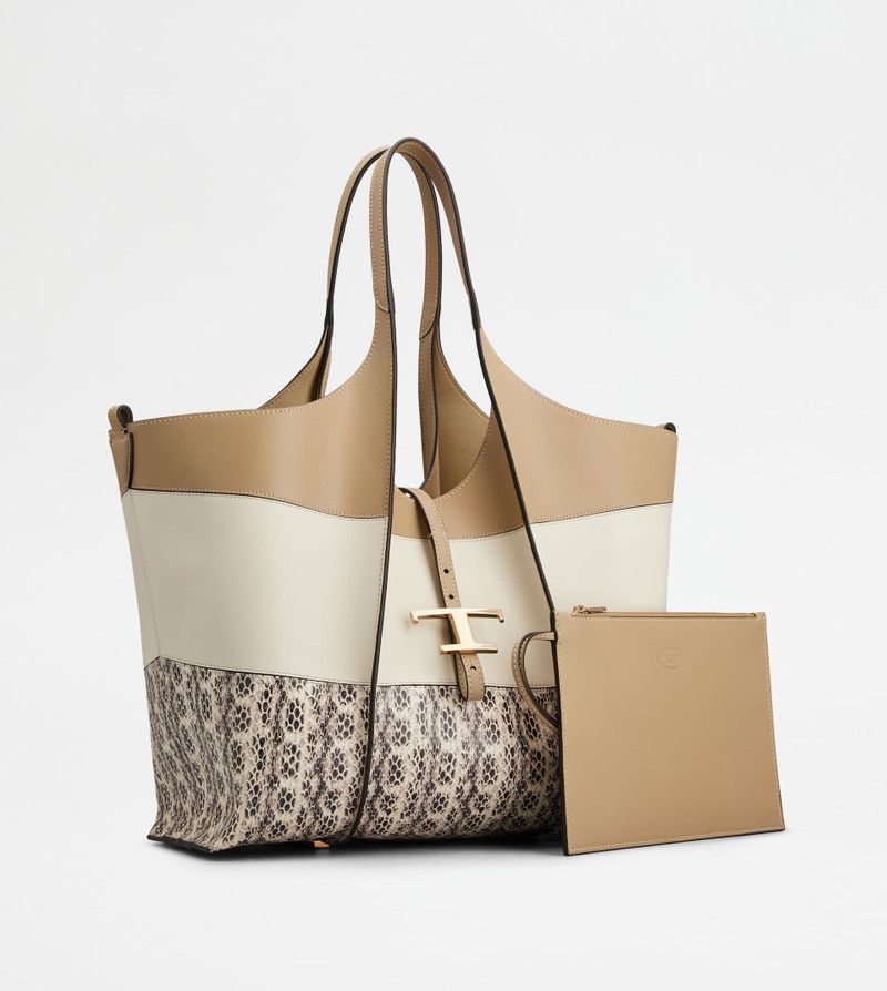 T TIMELESS SHOPPING BAG IN RAFFIA AND LEATHER MEDIUM - BEIGE, WHITE, BROWN 2