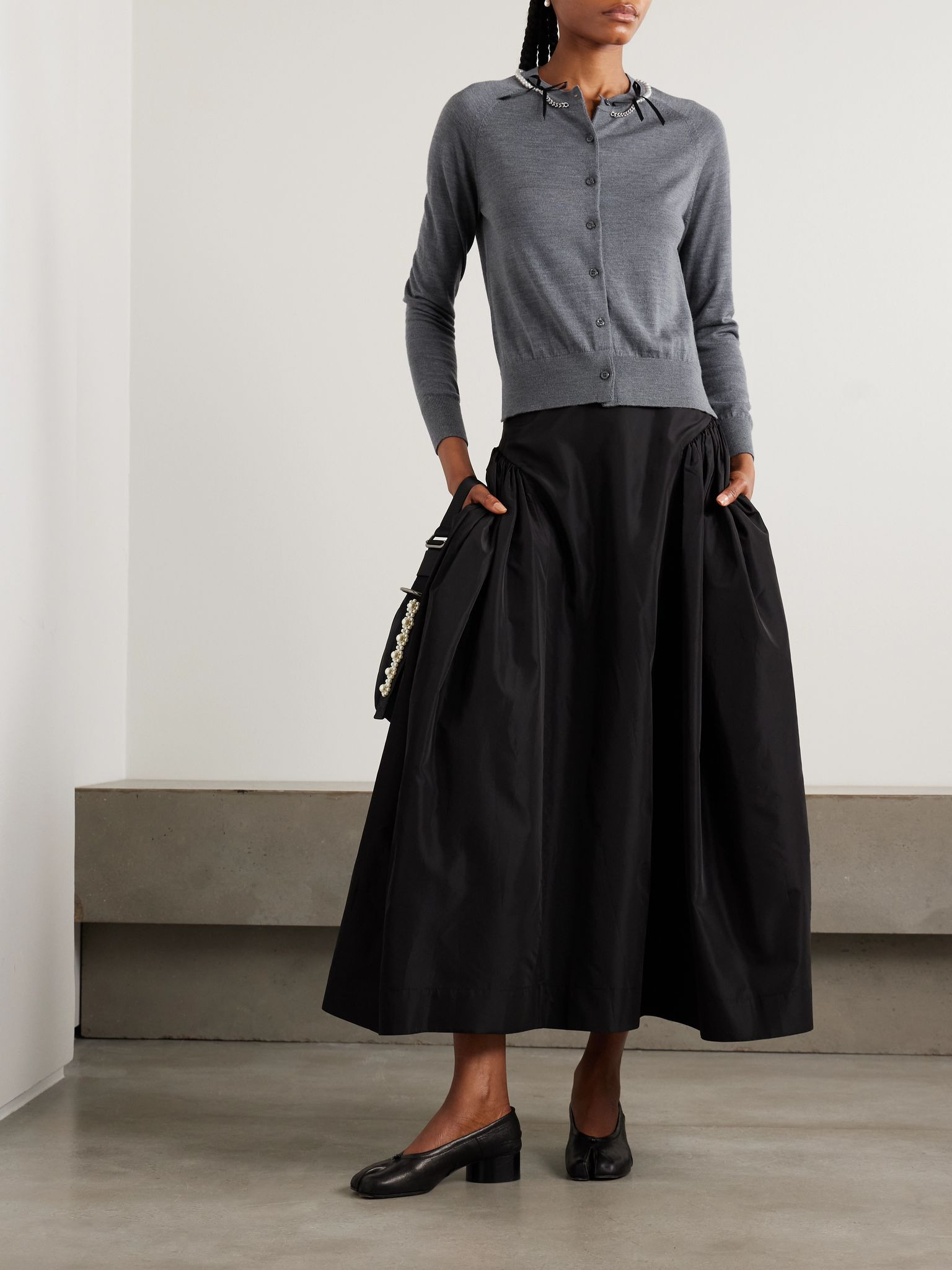 Embellished merino wool and silk-blend cardigan Charcoal - 4