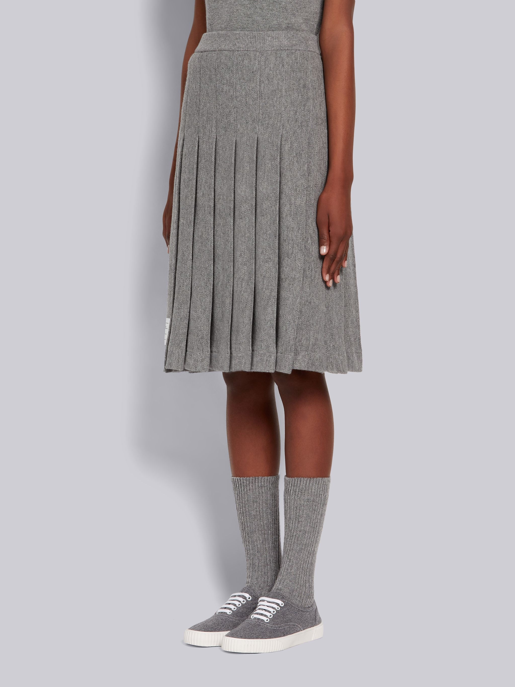 Light Grey Cashmere Pique Pleated Below-the-Knee Skirt - 2