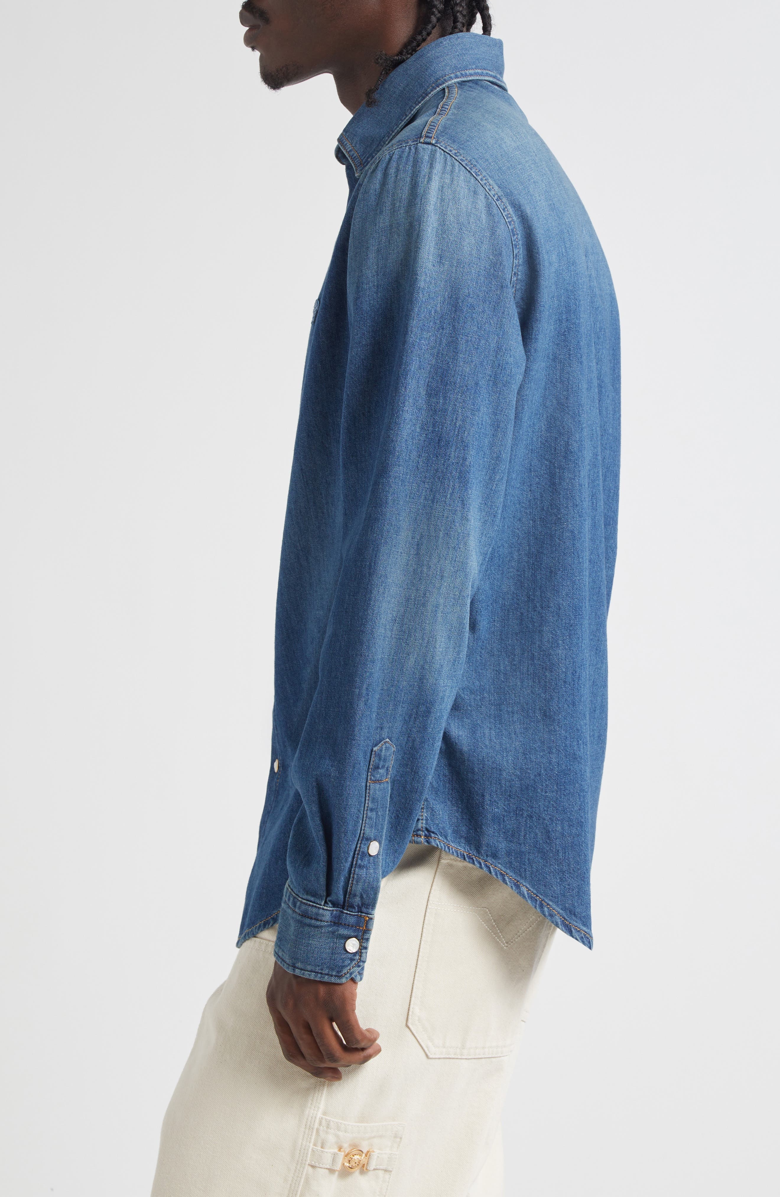 Versace Medusa Patch Denim Snap-Up Shirt in Medium Blue at Nordstrom - 3