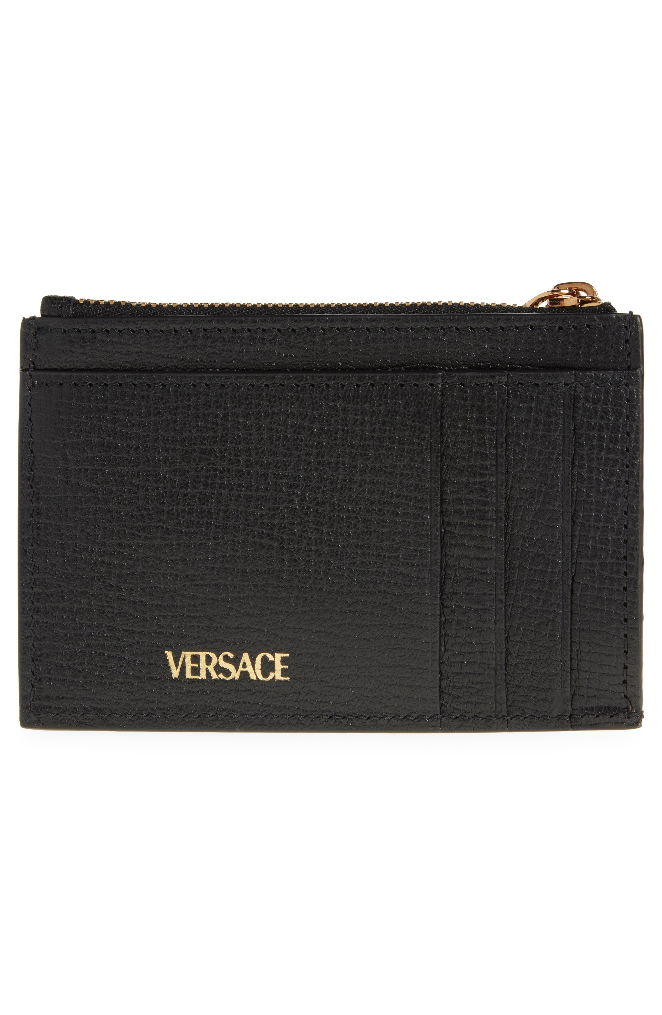 Versace Medusa Zip Leather Card Case in Black Versace Gold at Nordstrom - 3