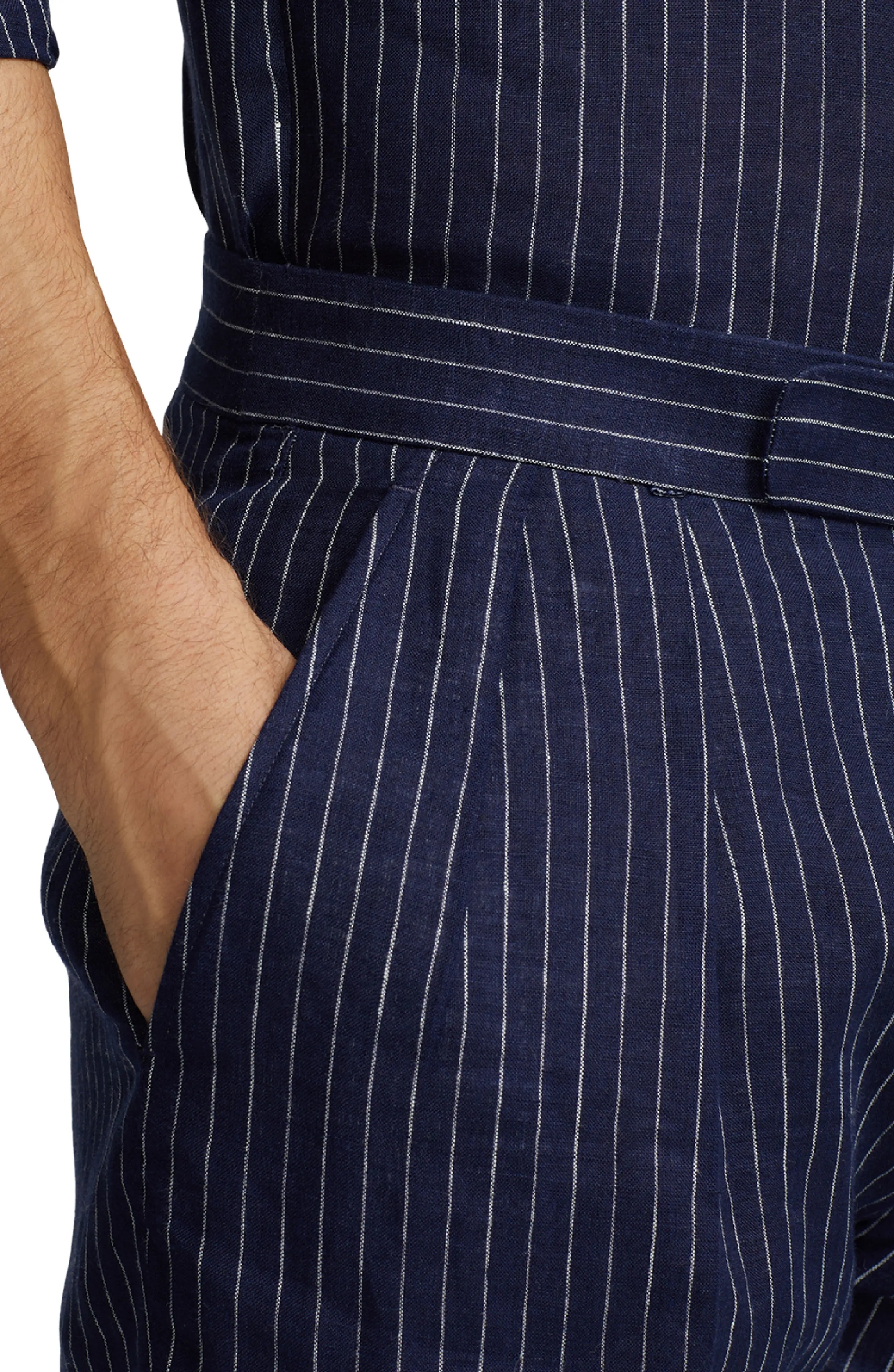 Glenn Pinstripe Cuff Hem Linen Trousers in Spring Navy/Cream - 4