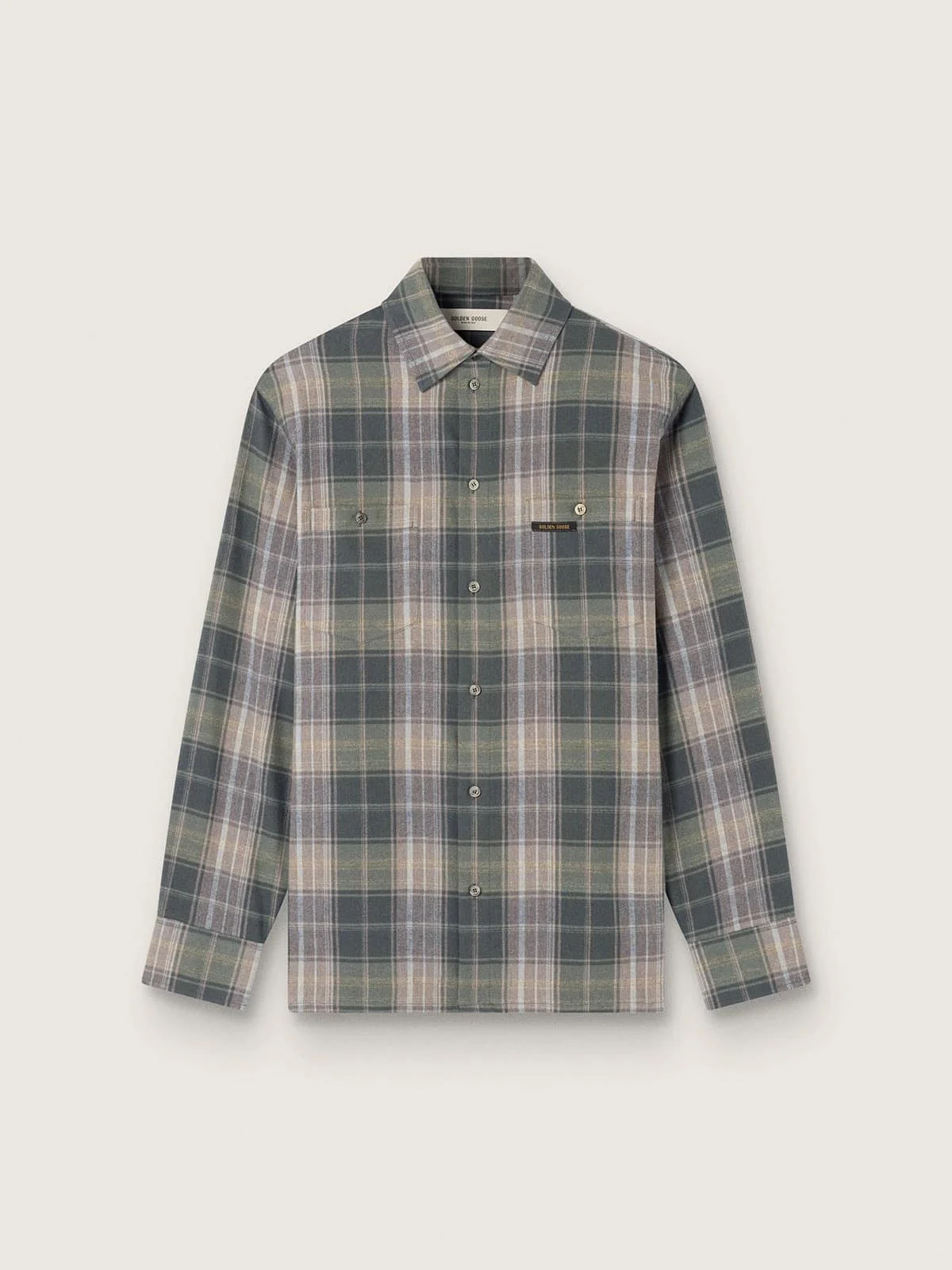 Men's shirt in green and cognac check cotton - 1