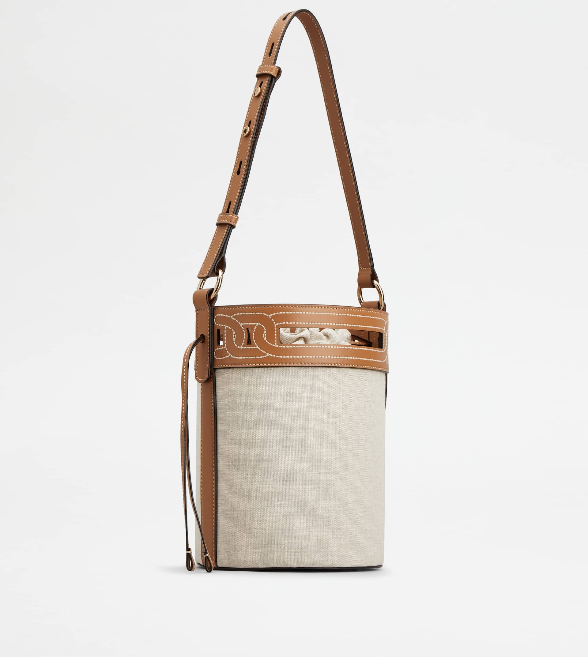 TOD'S KATE BUCKET BAG IN LEATHER AND CANVAS SMALL - BEIGE, BROWN - 4