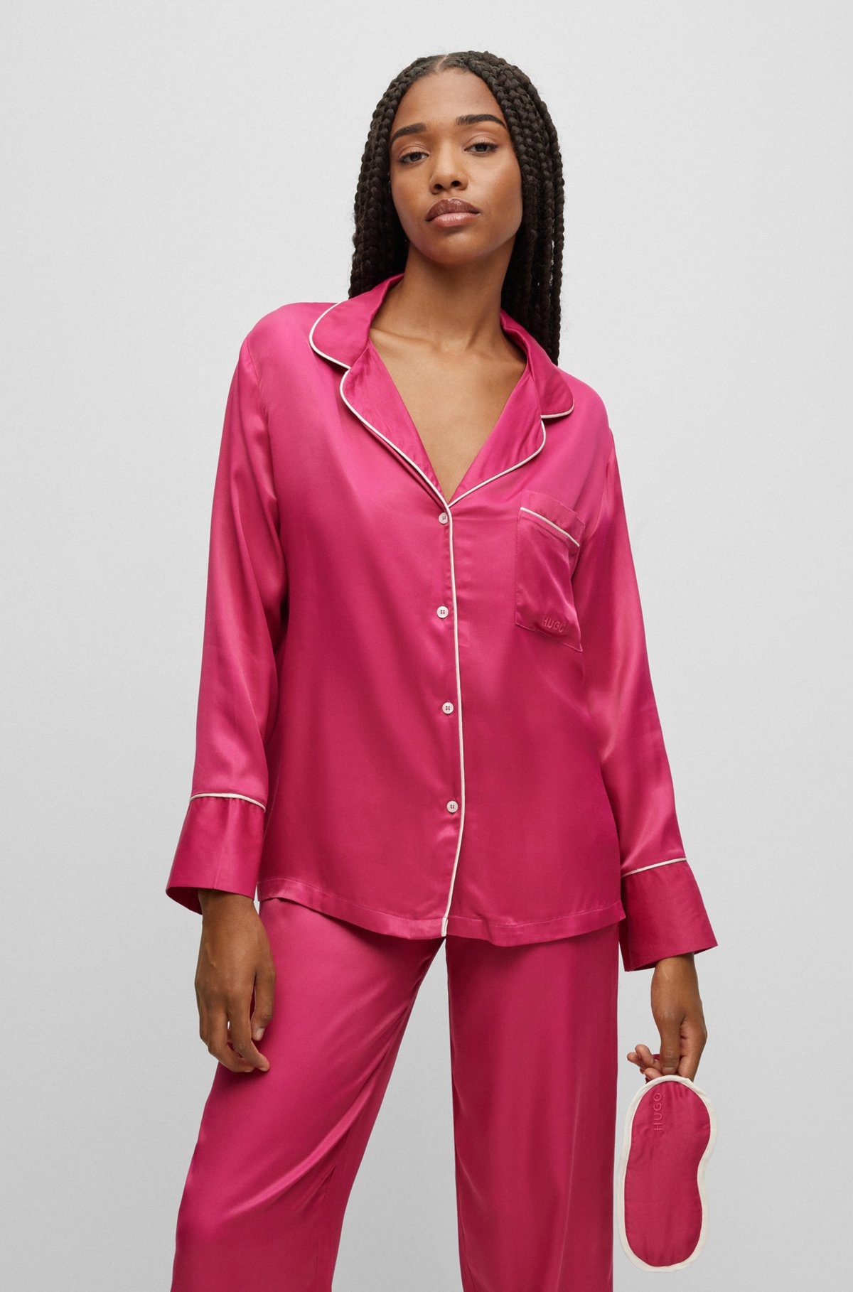 RELAXED-FIT SATIN PAJAMAS WITH CONTRAST PIPING - 3
