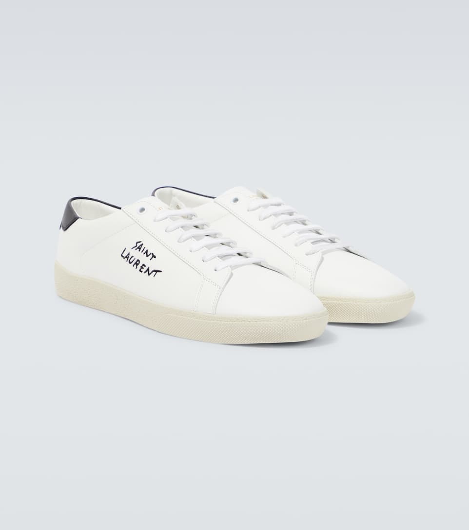 Logo embroidered leather sneakers - 5