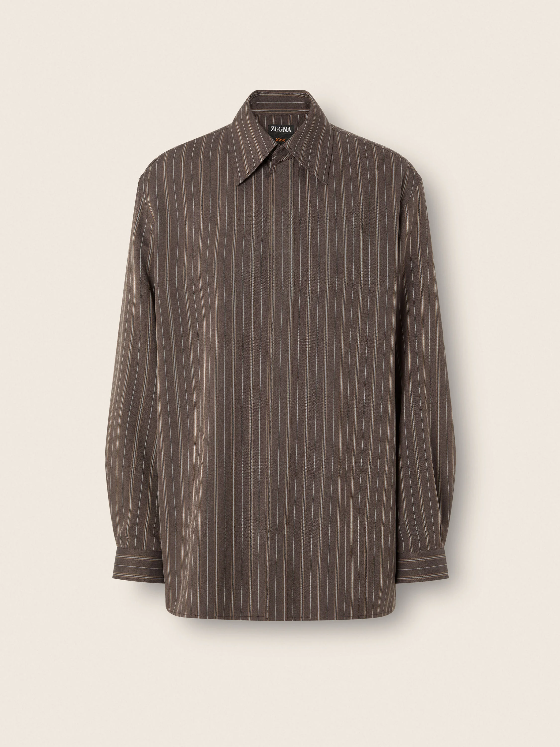 DARK BROWN AND CREAM WHITE PINSTRIPED SILK SHIRT - 1