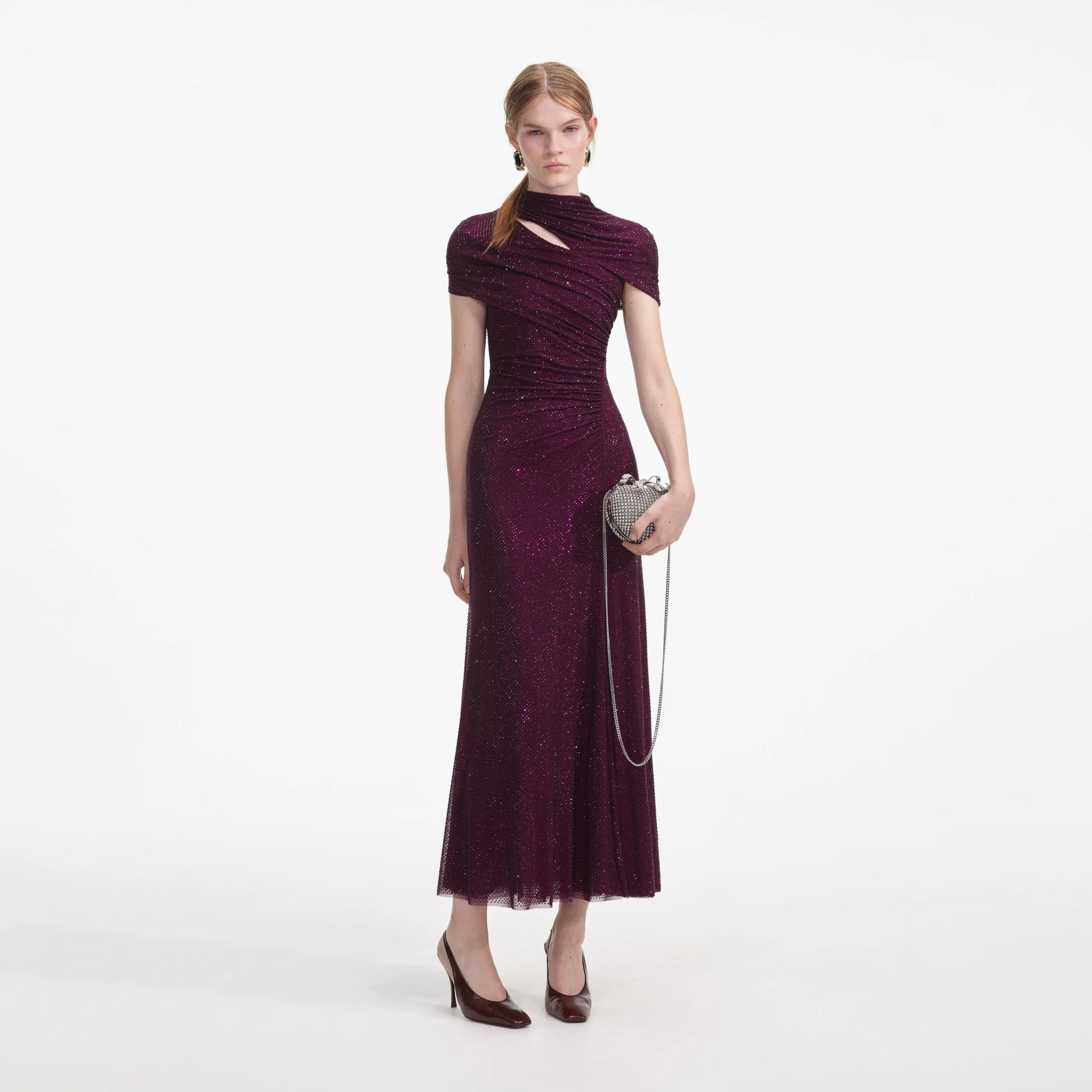 Burgundy Rhinestone Mesh Cut Out Midi Dress - 1