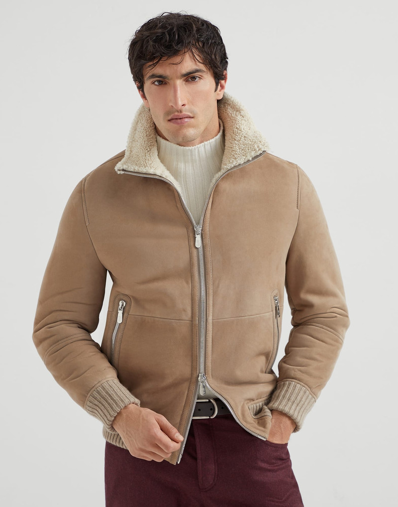 Suede curly shearling bomber jacket with cashmere knit collar - 1