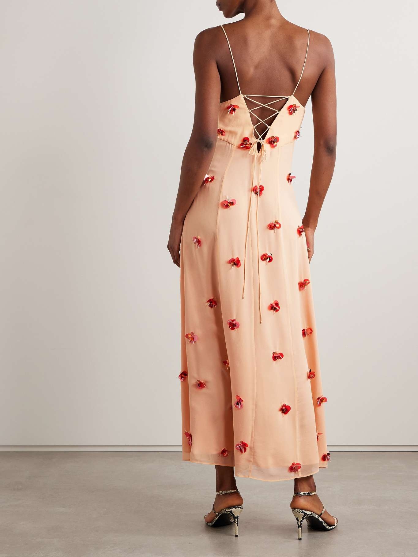 Eve embellished silk-chiffon midi dress Peach - 3