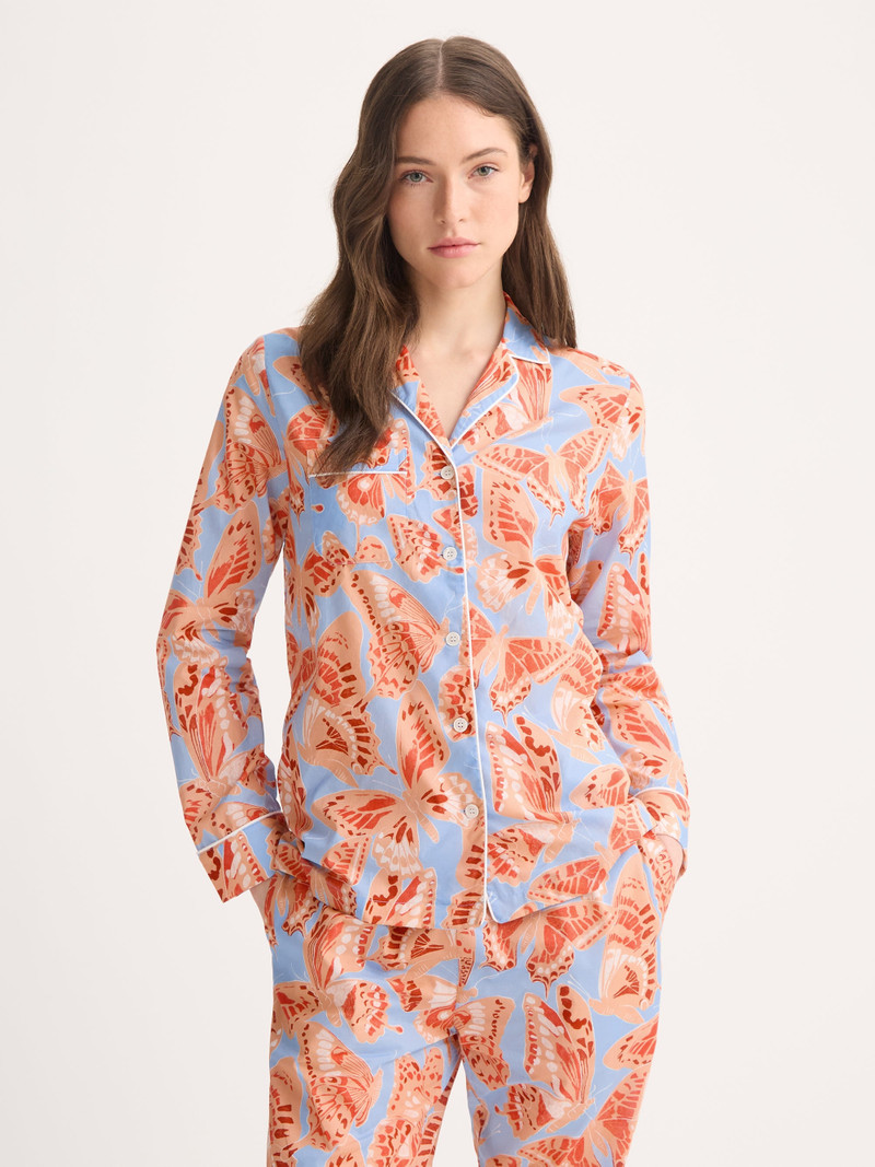 Derek Rose Women's Pajamas Cotton Batiste Light Blue & Peach Butterfly Print outlook