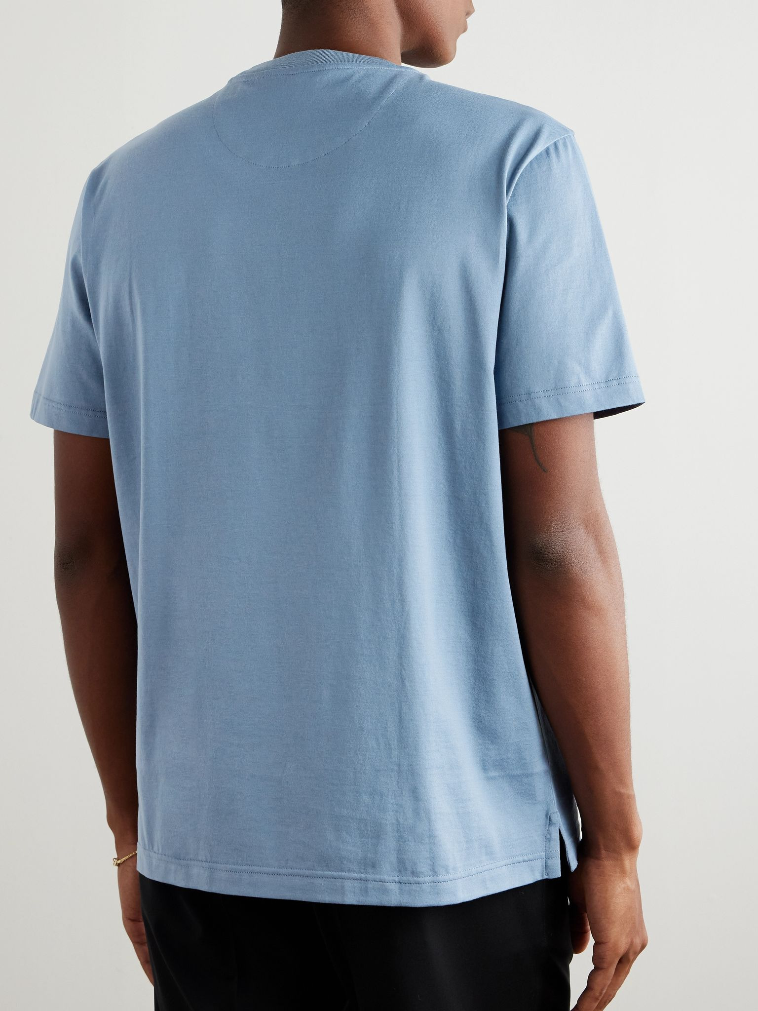 Leather-Trimmed Cotton-Jersey T-Shirt Blue - 3
