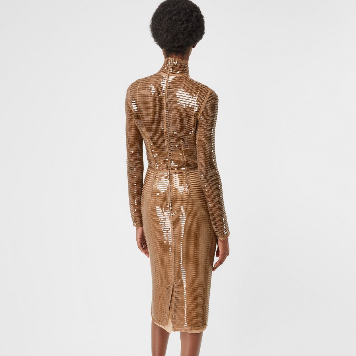 Sequinned Mesh and Silk Turtleneck Dress - 4