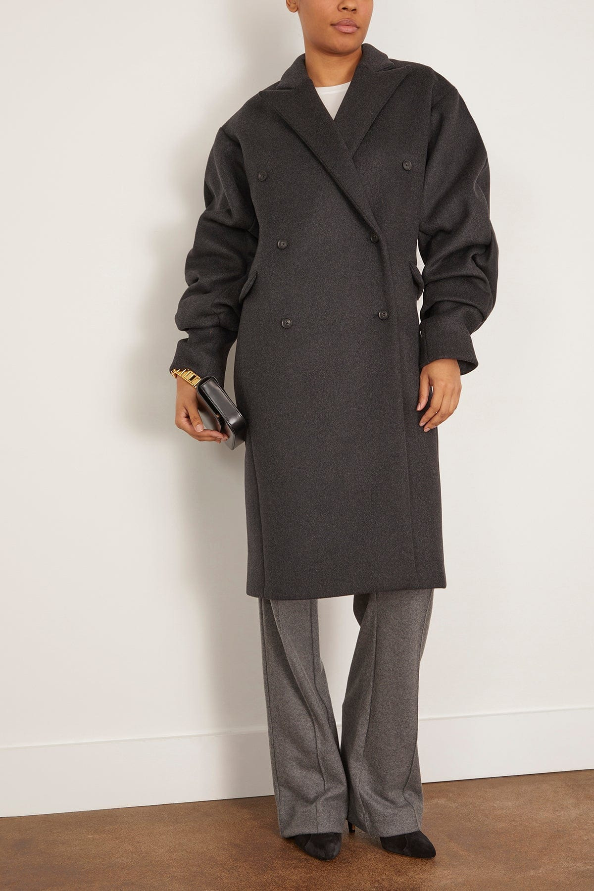 Pleated Sleeve Wool Coat in Dark Grey Melange - 2
