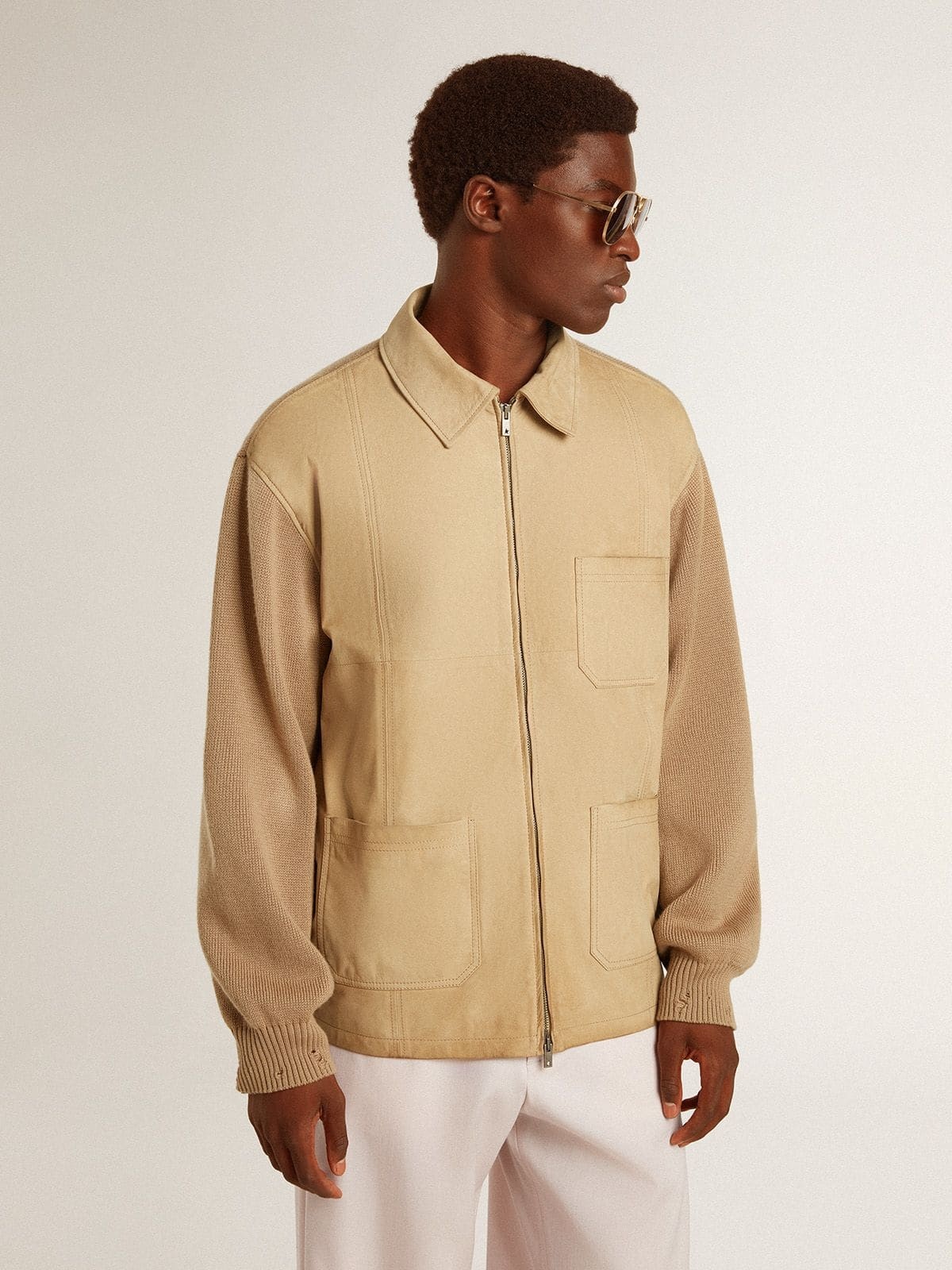 Men's jacket in travertine-colored nubuck leather with wool-blend sleeves and back - 2