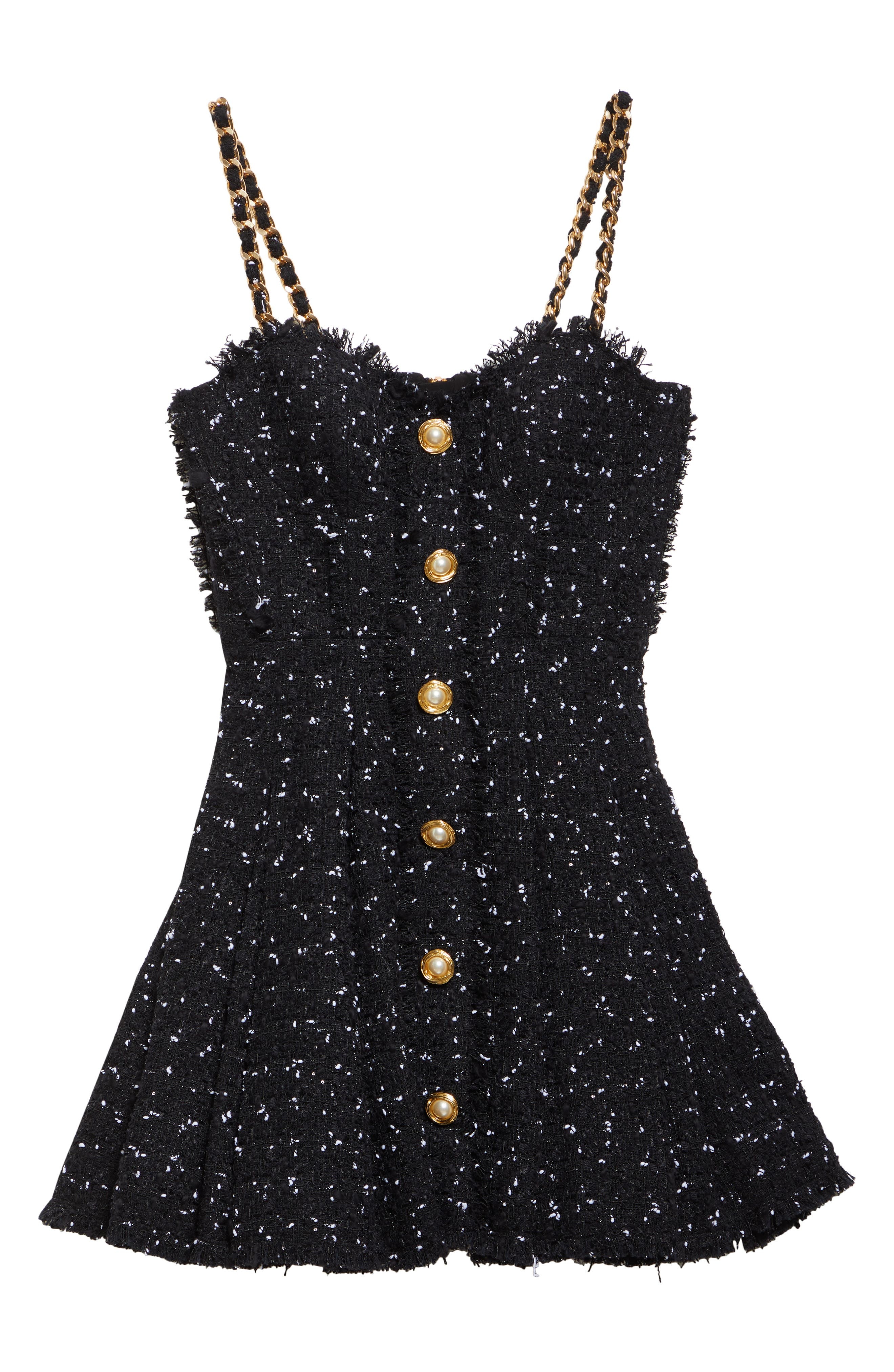 Balmain Chain Strap Polka Dot Tweed Fit & Flare Dress in Blk/White at Nordstrom - 6