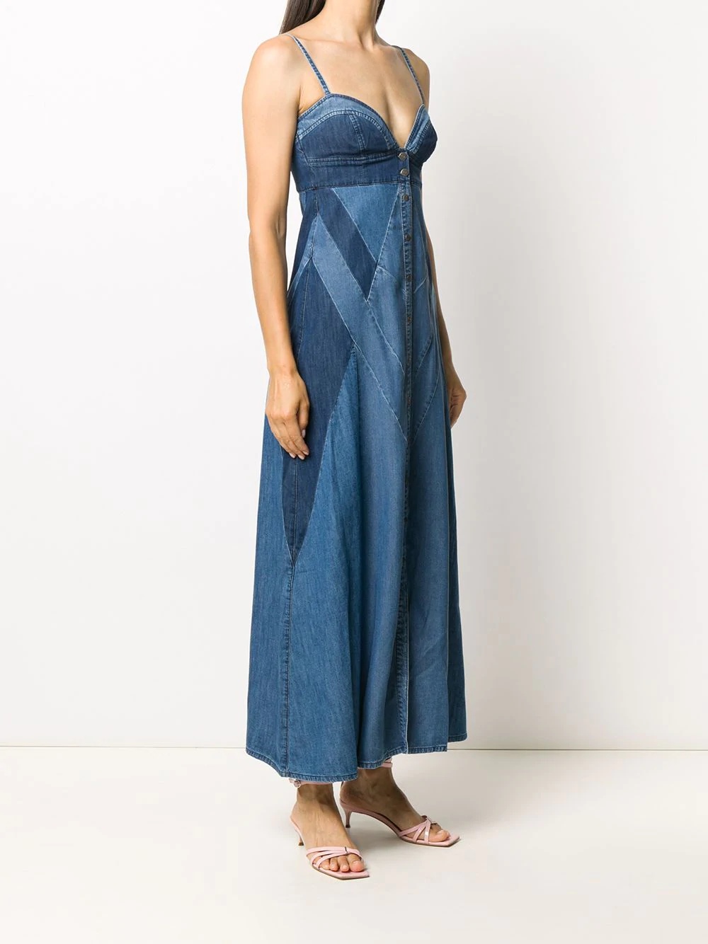 contrast-panel bustier denim maxi-dress - 3