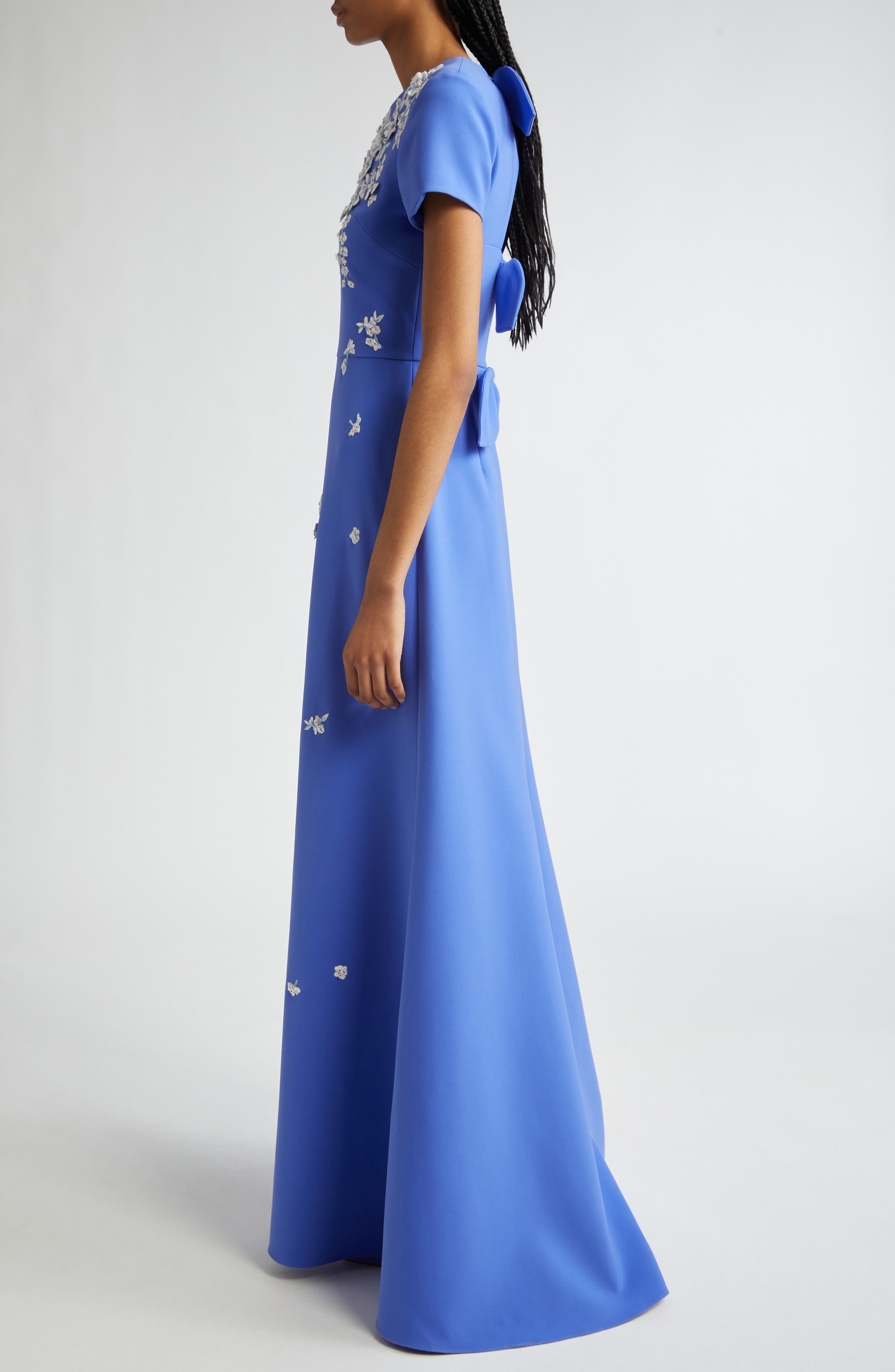 Carolina Herrera Floral Embroidered Stretch Crepe Gown with Bows in Delphinium Mult at Nordstrom - 3