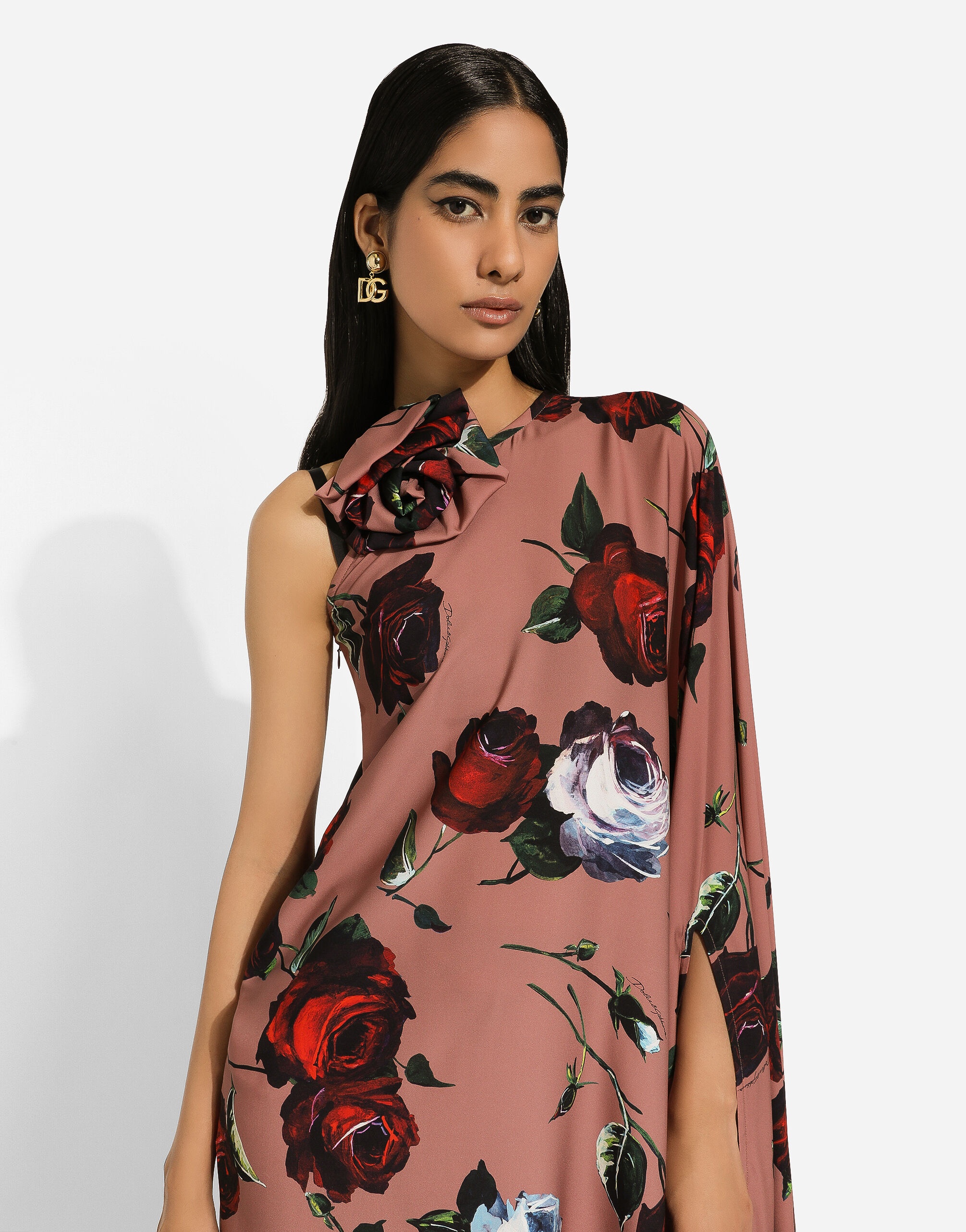 Asymmetrical charmeuse dress with vintage rose print - 4